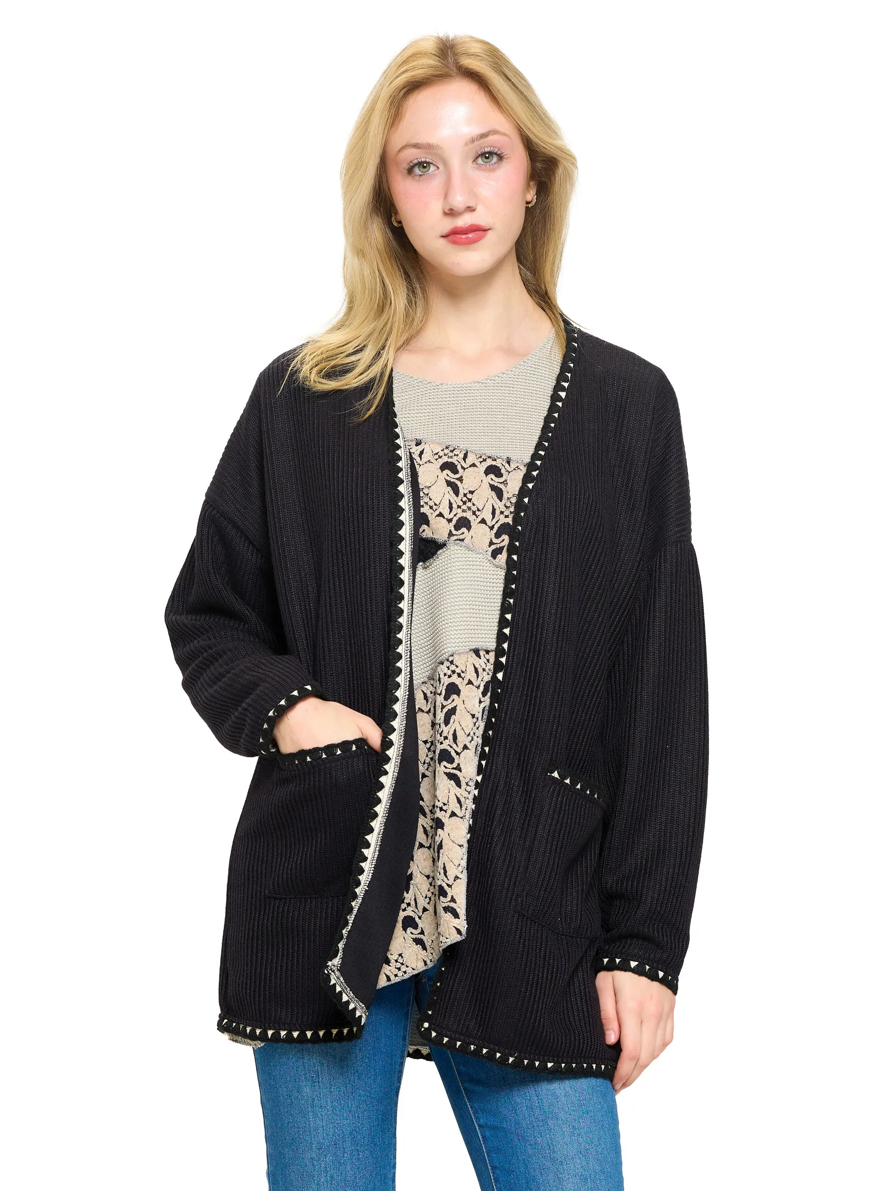 Cardigan Ribbed Stich Accented Oversized
