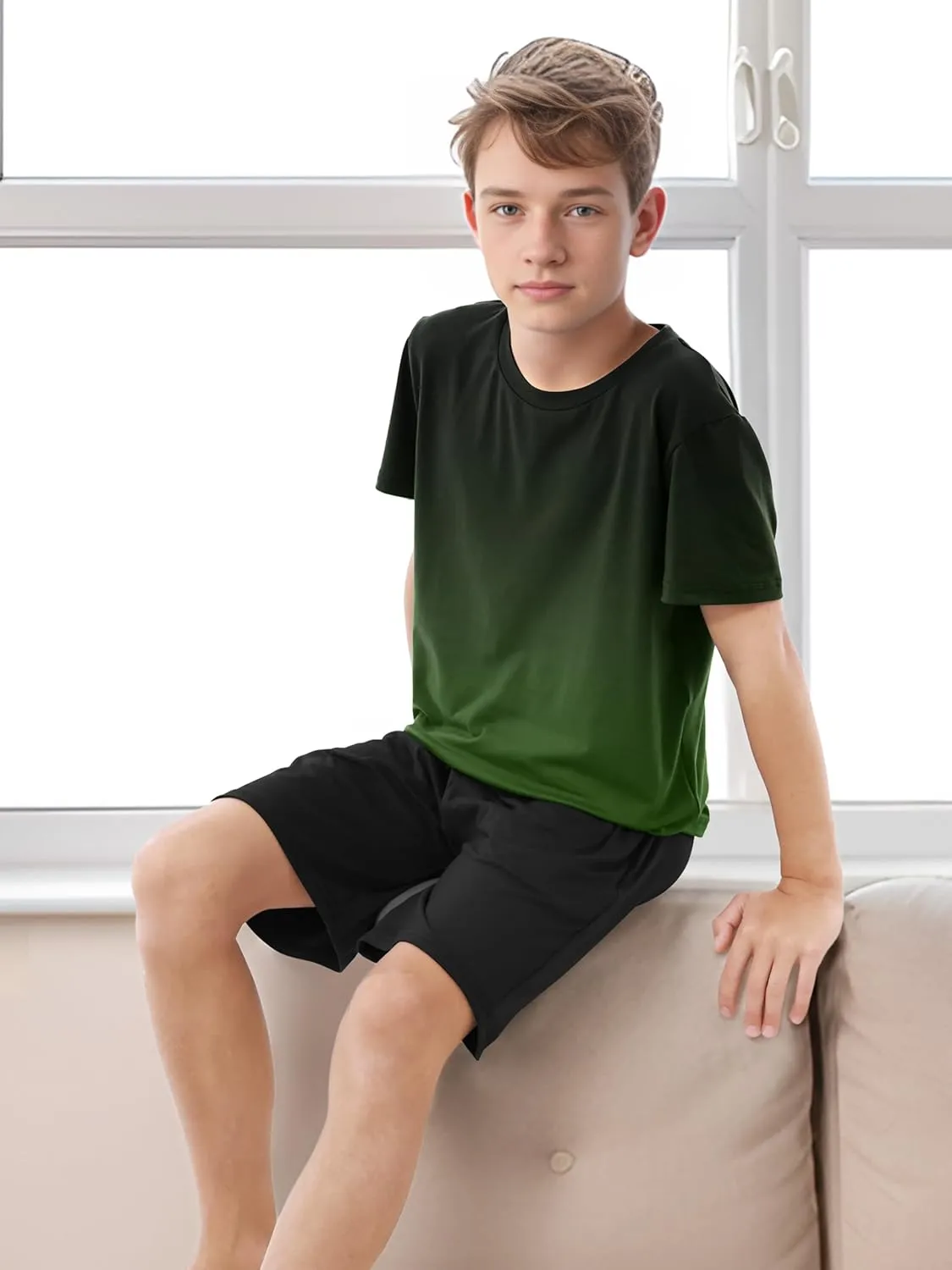 Cooraby 3 Pieces Teen Boys Pajs Short Sleeves Top, Shorts & Pants Soft Loose Fit Outfits with Drawstring Pockets for Summer