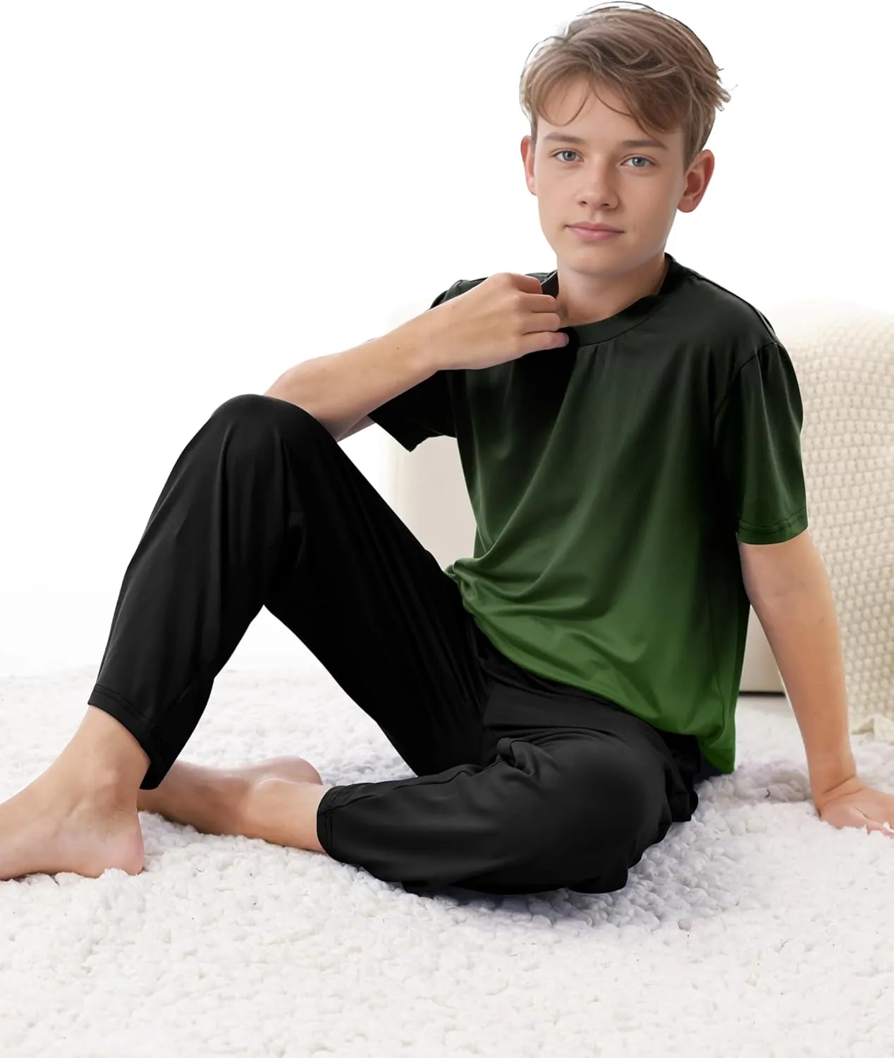 Cooraby 3 Pieces Teen Boys Pajs Short Sleeves Top, Shorts & Pants Soft Loose Fit Outfits with Drawstring Pockets for Summer