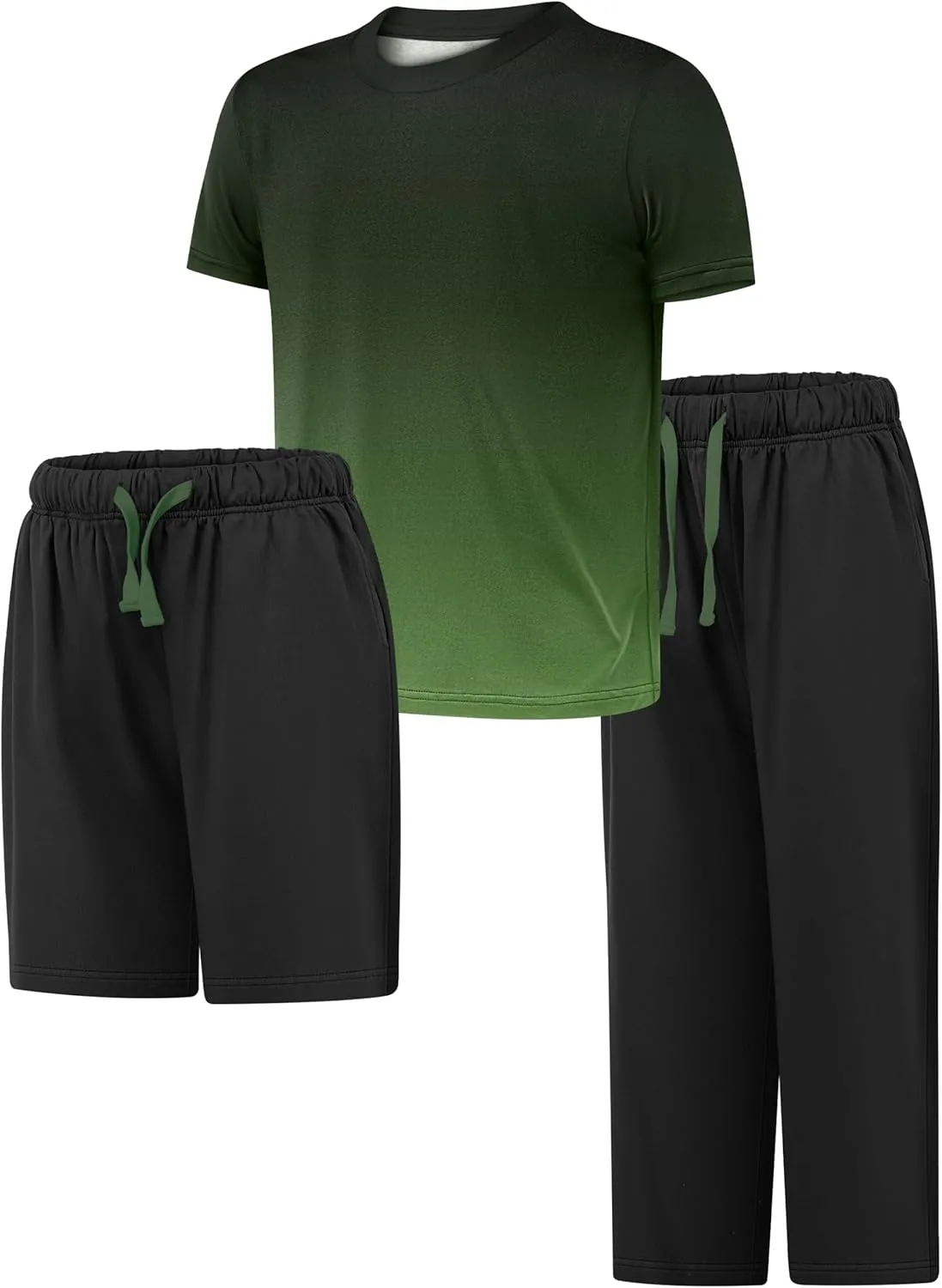 Cooraby 3 Pieces Teen Boys Pajs Short Sleeves Top, Shorts & Pants Soft Loose Fit Outfits with Drawstring Pockets for Summer
