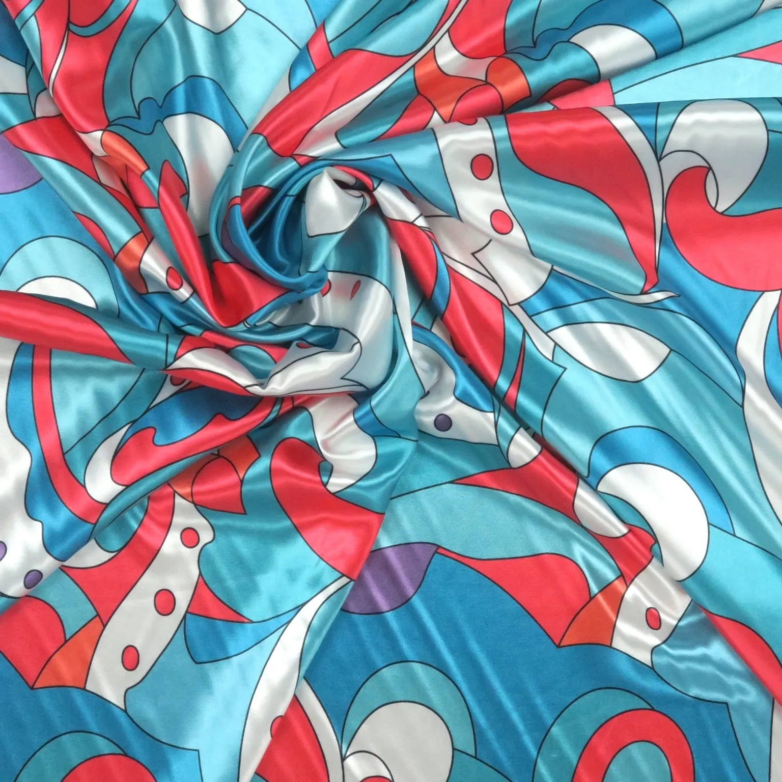 Coral Blue and Aqua Mosaic Abstract Charmeuse Polyester Fabric