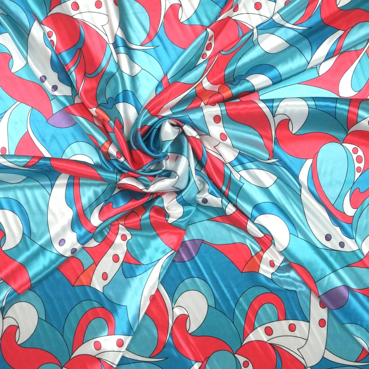 Coral Blue and Aqua Mosaic Abstract Charmeuse Polyester Fabric