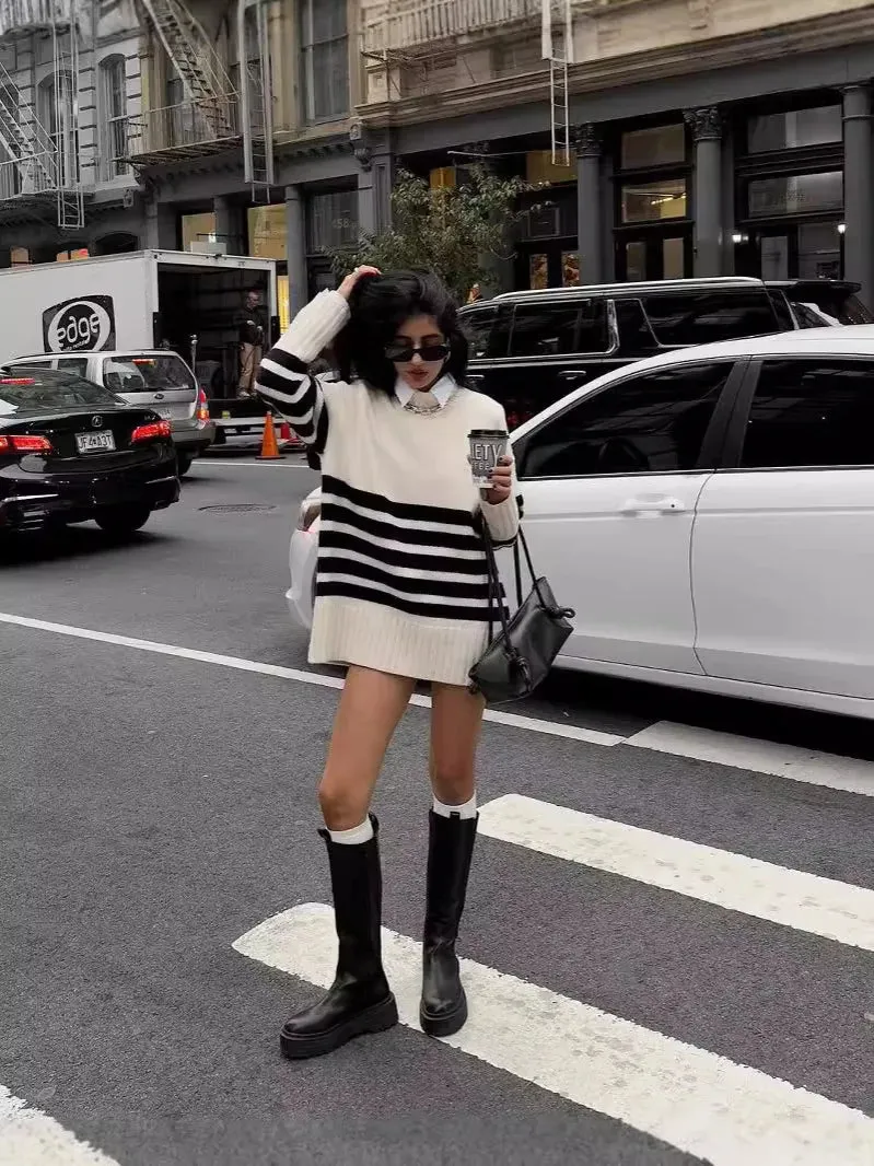 DERMEARNE Autumn and Winter Casual Street Tops Women's Knitted Sweaters Round Neck Solid Color Loose Fashionable Lazy Style Sweaters