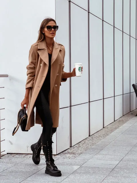 Double Breasted Lapel Collar Long Sleeve Long Jacket