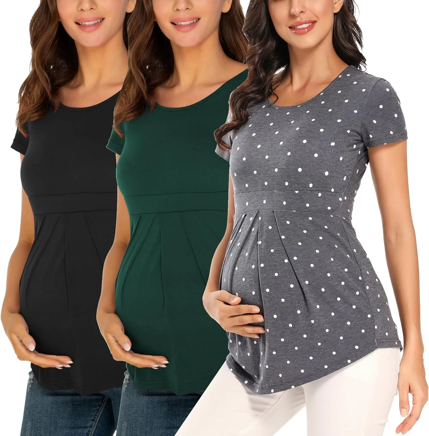 Ecavus Womens Maternity Shirts 3-Pack Short Sleeve Tops Empire Waist Pleated Front Maternity Clothes for Work and Casual