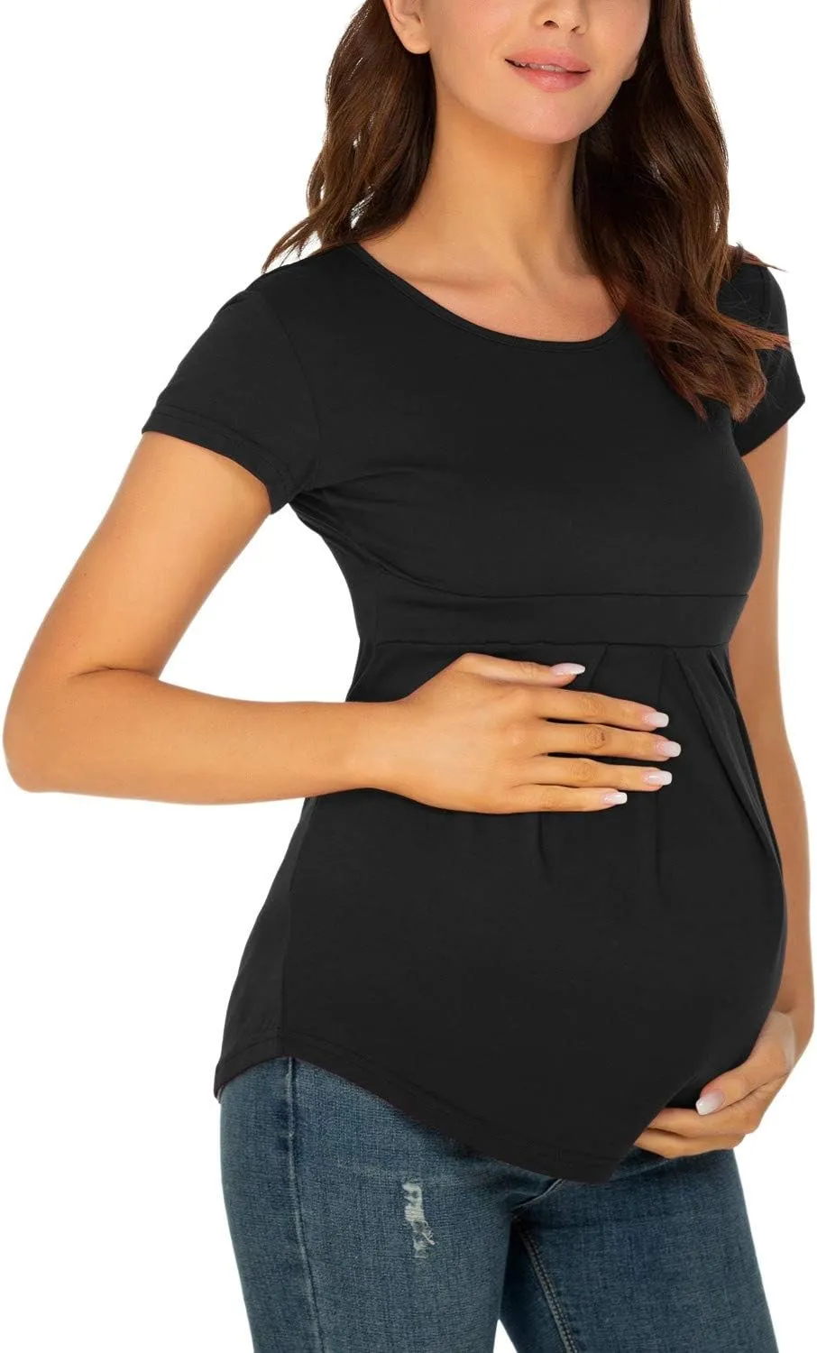 Ecavus Womens Maternity Shirts 3-Pack Short Sleeve Tops Empire Waist Pleated Front Maternity Clothes for Work and Casual