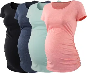 Ecavus Womens Maternity Shirts 4 Pack Short Sleeve Tops Side Ruched Casual Pregnancy T-Shirts for Daily and Office Wear