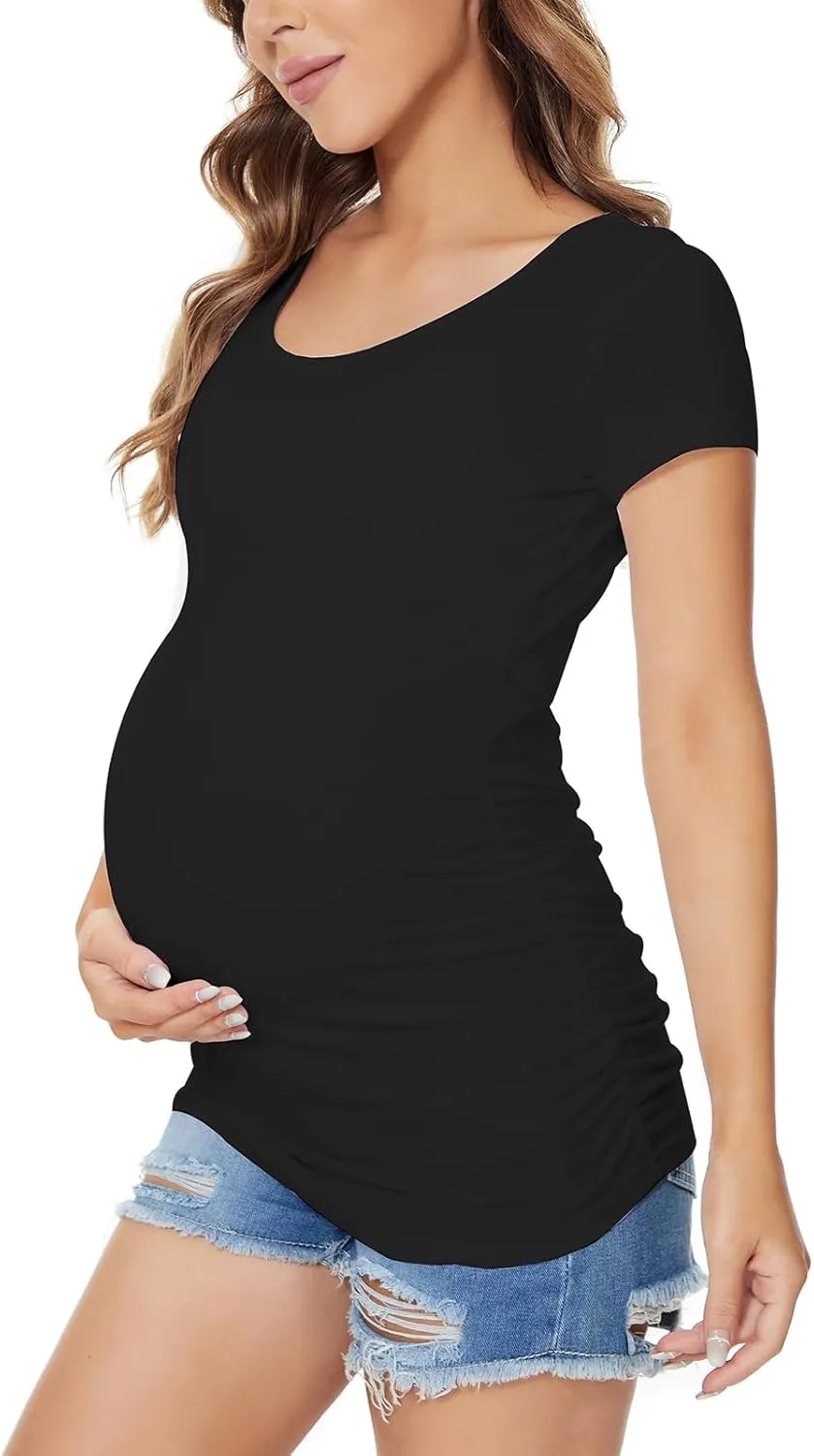 Ecavus Womens Maternity Shirts 4 Pack Short Sleeve Tops Side Ruched Casual Pregnancy T-Shirts for Daily and Office Wear
