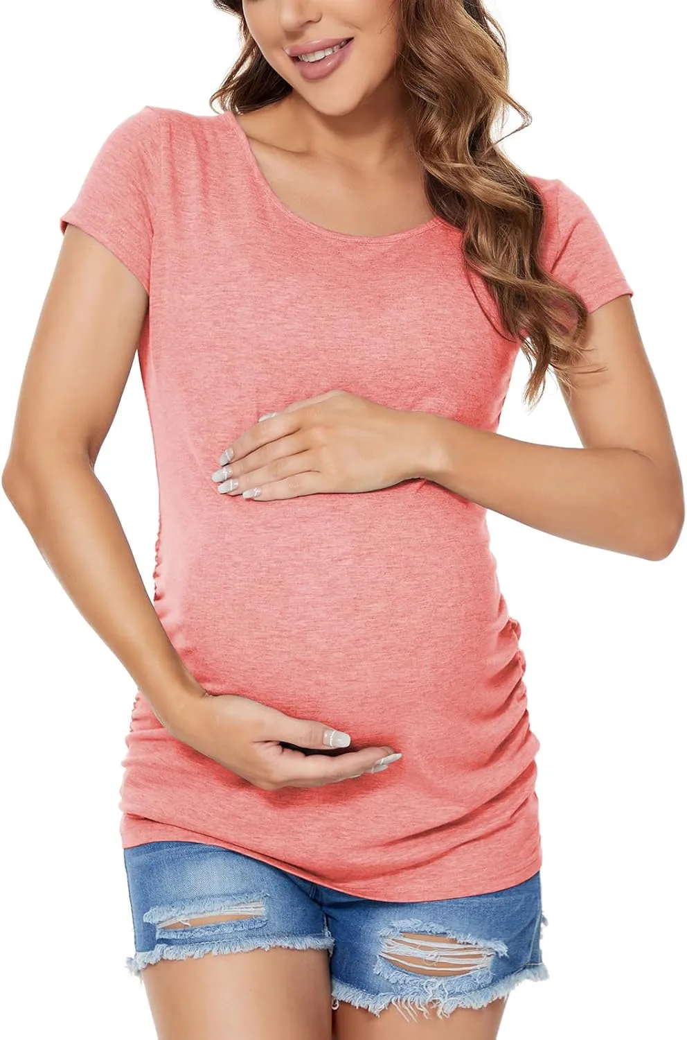 Ecavus Womens Maternity Shirts 4 Pack Short Sleeve Tops Side Ruched Casual Pregnancy T-Shirts for Daily and Office Wear