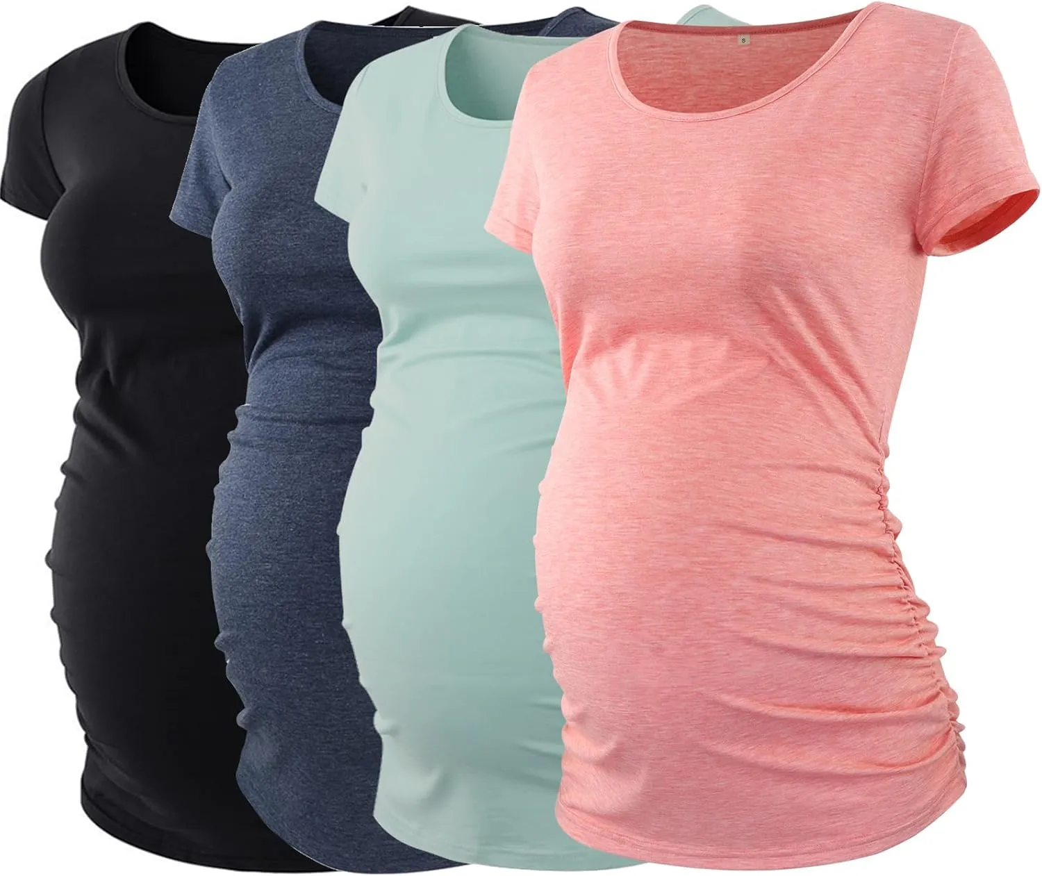 Ecavus Womens Maternity Shirts 4 Pack Short Sleeve Tops Side Ruched Casual Pregnancy T-Shirts for Daily and Office Wear