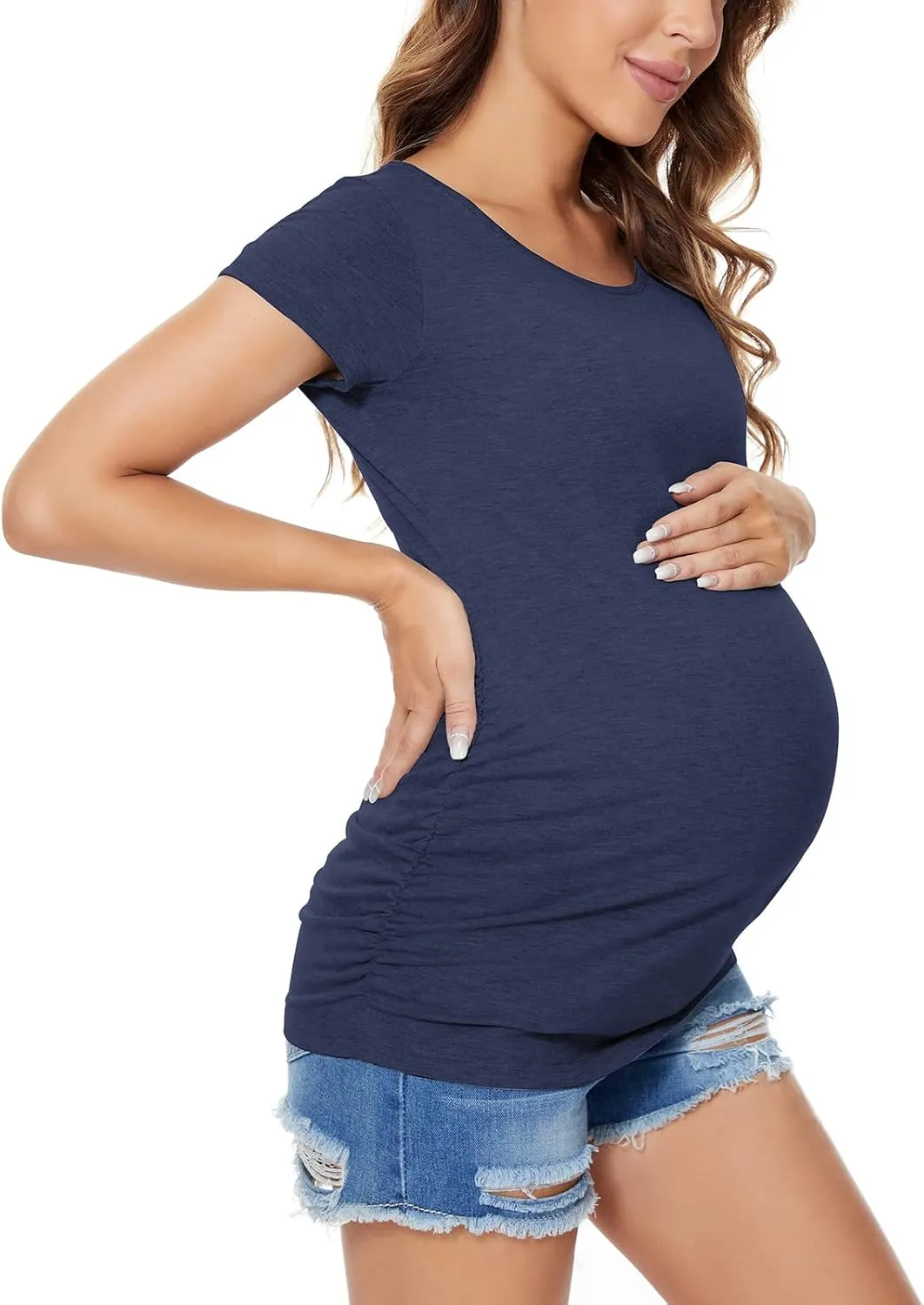 Ecavus Womens Maternity Shirts 4 Pack Short Sleeve Tops Side Ruched Casual Pregnancy T-Shirts for Daily and Office Wear