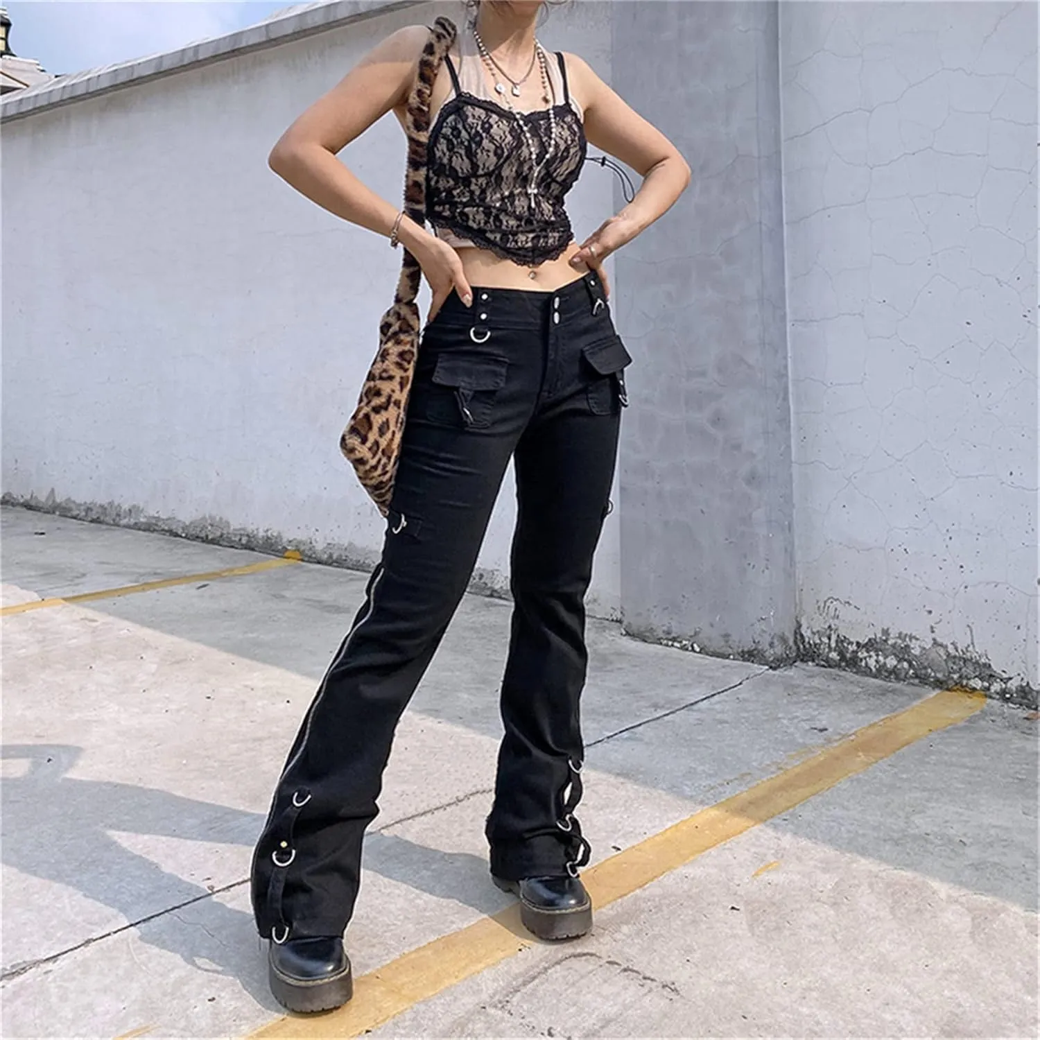 ENFUSO Punk Y2k Grunge Low Waist Emo Jeans Mall Gothic Women Black Patchwork Electro Pants Fashion Streetwear Alt Clothes