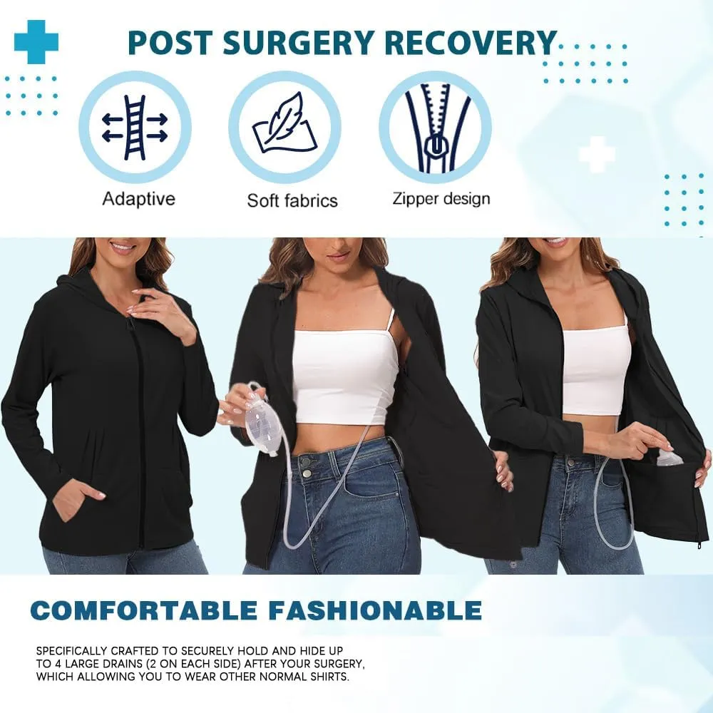 EVERWORTH Post Mastectomy Shirts with Drain Pockets Breast Mastectomy Recovery Must Haves Long Sleeve Zip Up Shirts Clothing