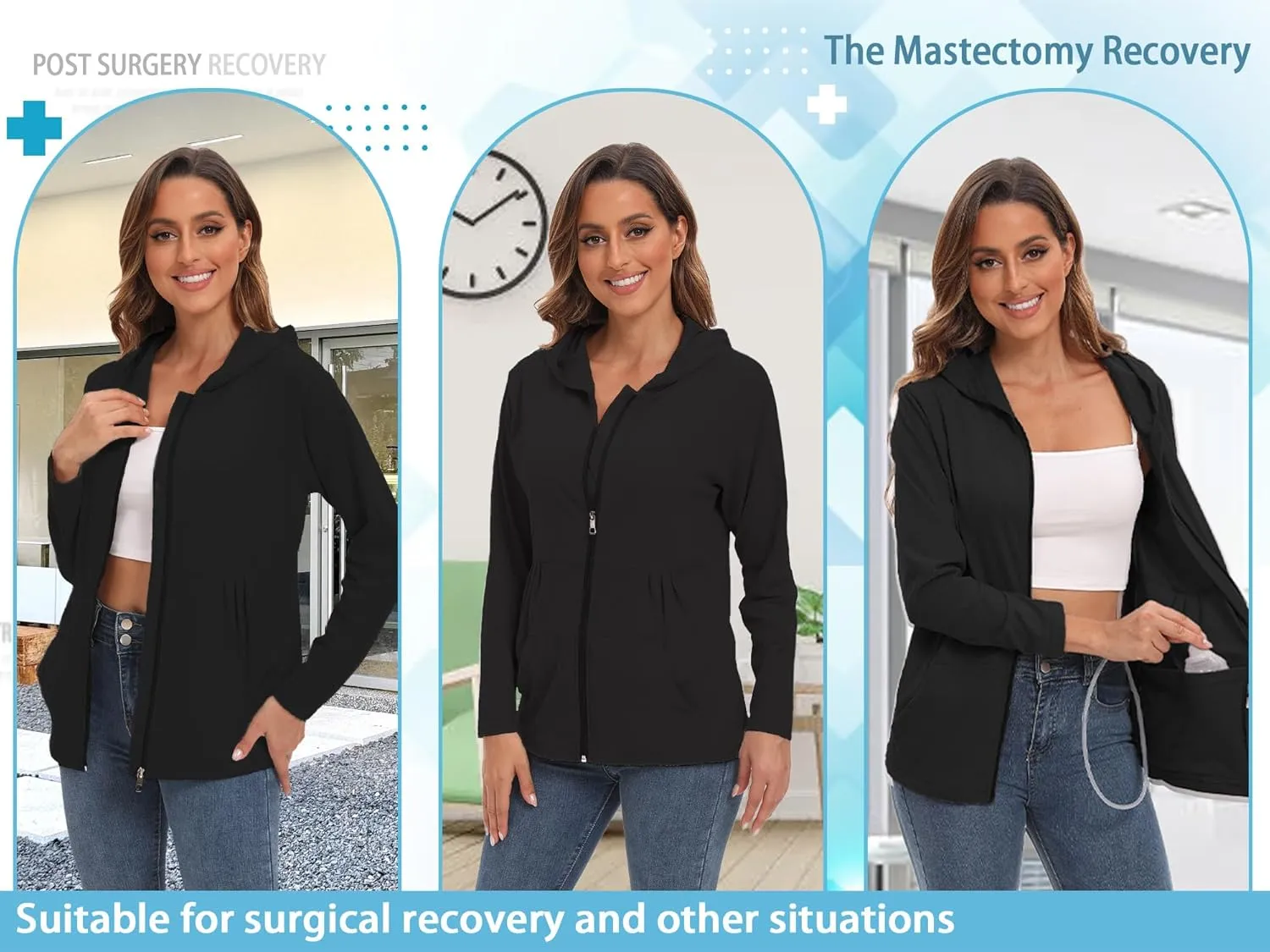 EVERWORTH Post Mastectomy Shirts with Drain Pockets Breast Mastectomy Recovery Must Haves Long Sleeve Zip Up Shirts Clothing