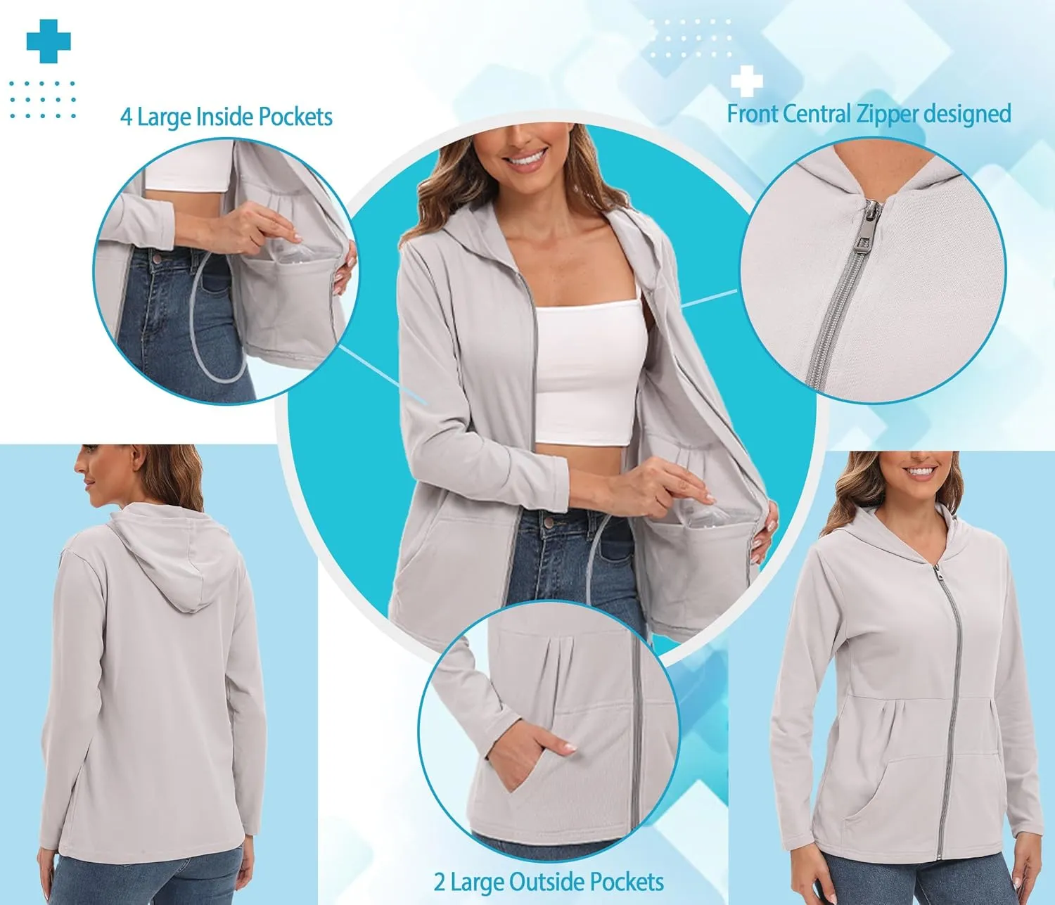 EVERWORTH Post Mastectomy Shirts with Drain Pockets Breast Mastectomy Recovery Must Haves Long Sleeve Zip Up Shirts Clothing