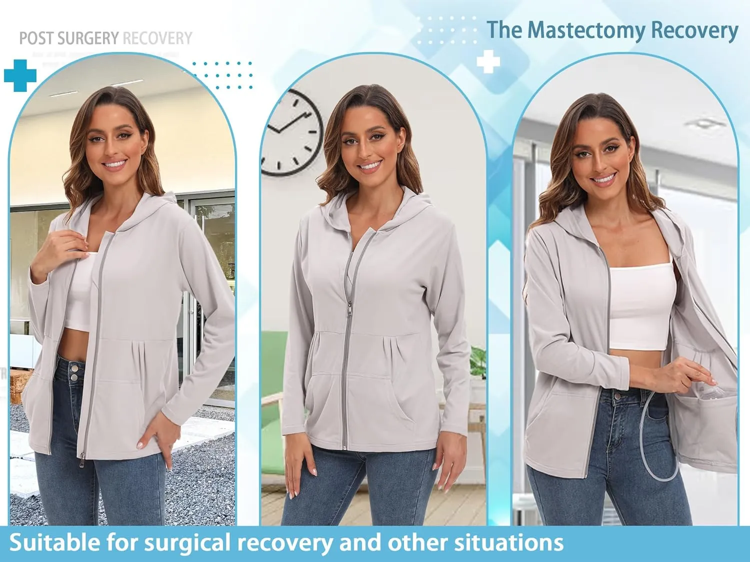 EVERWORTH Post Mastectomy Shirts with Drain Pockets Breast Mastectomy Recovery Must Haves Long Sleeve Zip Up Shirts Clothing