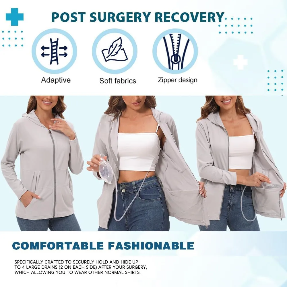 EVERWORTH Post Mastectomy Shirts with Drain Pockets Breast Mastectomy Recovery Must Haves Long Sleeve Zip Up Shirts Clothing