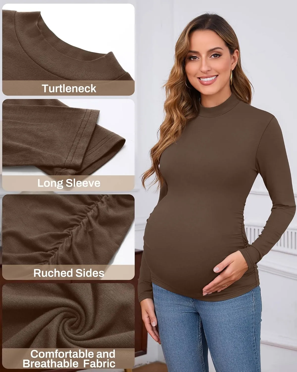 Ficerd 3 Pack Women's Maternity Shirts, Long Sleeve Mock Turtleneck Pregnancy Tops Casual Side Ruched Tshirt Pregnant Clothes