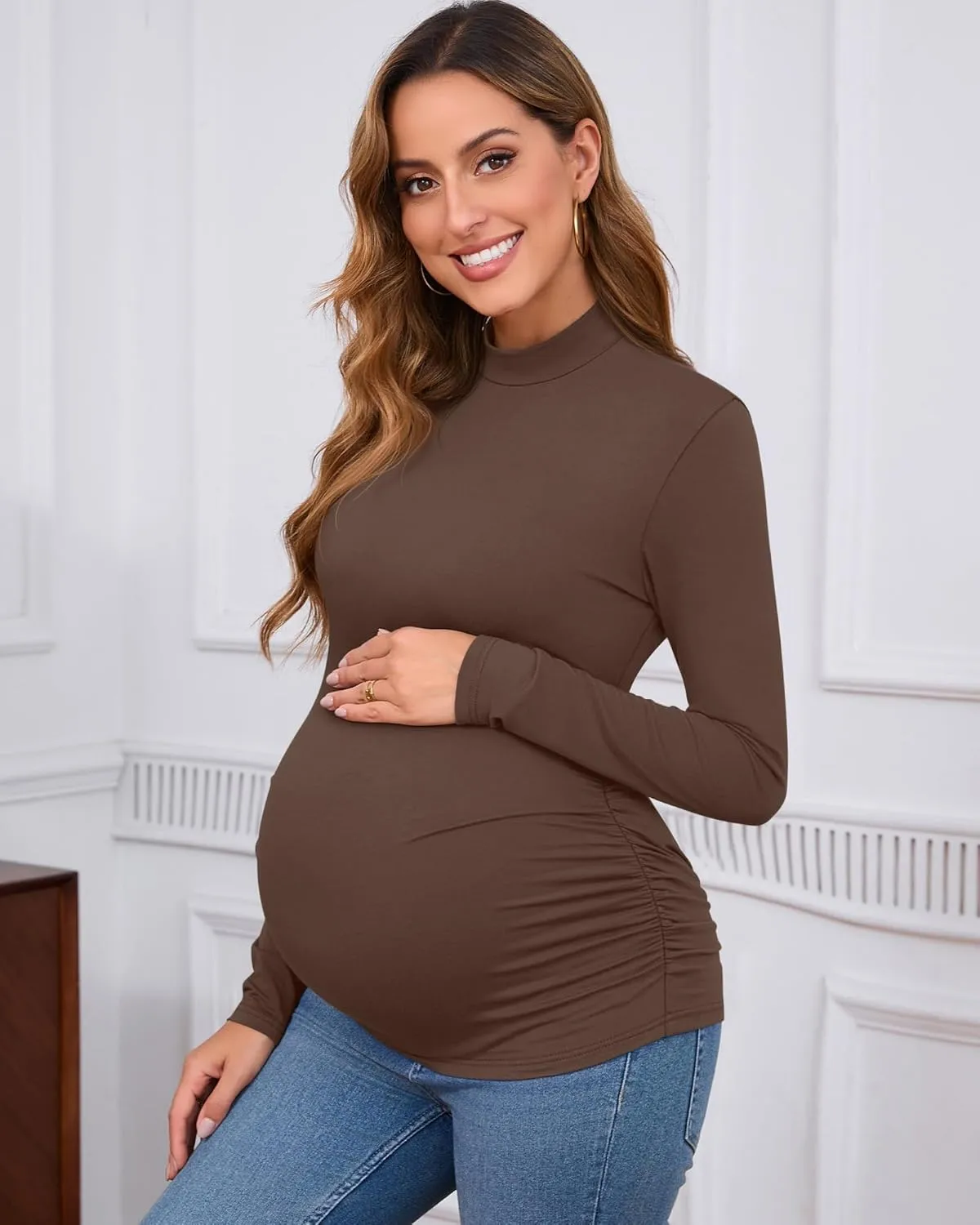Ficerd 3 Pack Women's Maternity Shirts, Long Sleeve Mock Turtleneck Pregnancy Tops Casual Side Ruched Tshirt Pregnant Clothes