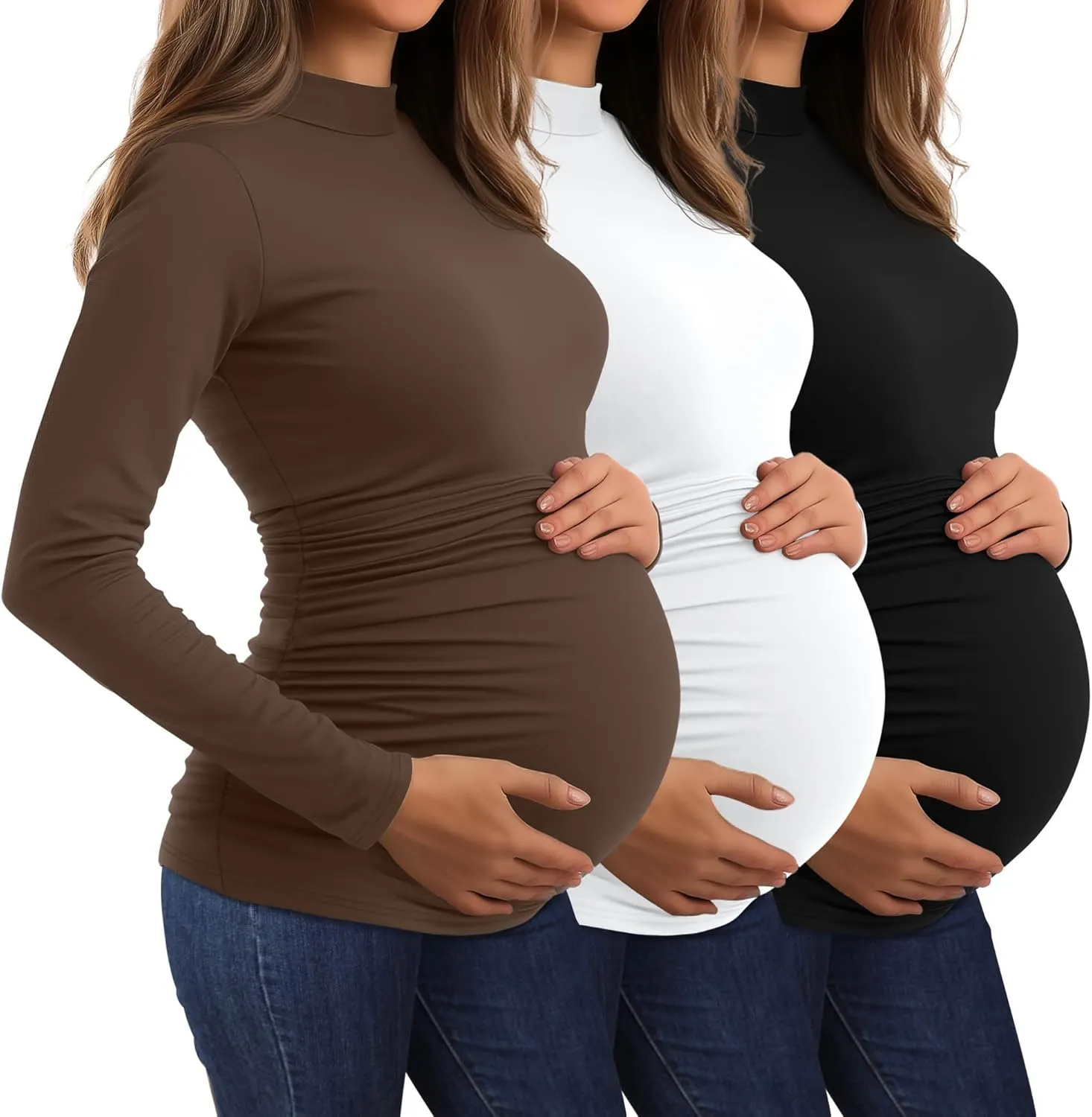Ficerd 3 Pack Women's Maternity Shirts, Long Sleeve Mock Turtleneck Pregnancy Tops Casual Side Ruched Tshirt Pregnant Clothes
