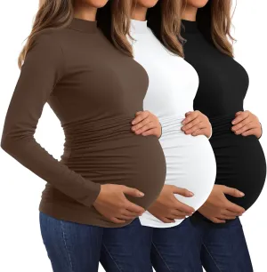 Ficerd 3 Pack Women's Maternity Shirts, Long Sleeve Mock Turtleneck Pregnancy Tops Casual Side Ruched Tshirt Pregnant Clothes