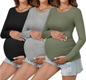 Ficerd 3 Pack Women's Maternity Shirts, Side Ruched Pregnancy Tee Tops Long Sleeve Basic Tunic Tshirt Casual Mama Clothes