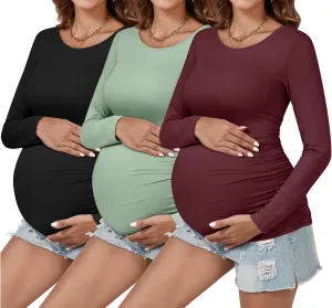Ficerd 3 Pack Women's Maternity Shirts, Side Ruched Pregnancy Tee Tops Long Sleeve Basic Tunic Tshirt Casual Mama Clothes