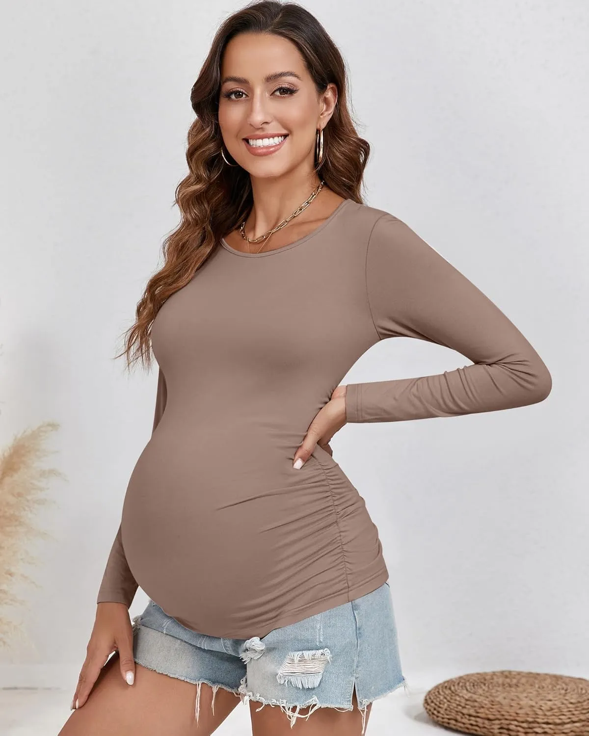 Ficerd 3 Pack Women's Maternity Shirts, Side Ruched Pregnancy Tee Tops Long Sleeve Basic Tunic Tshirt Casual Mama Clothes
