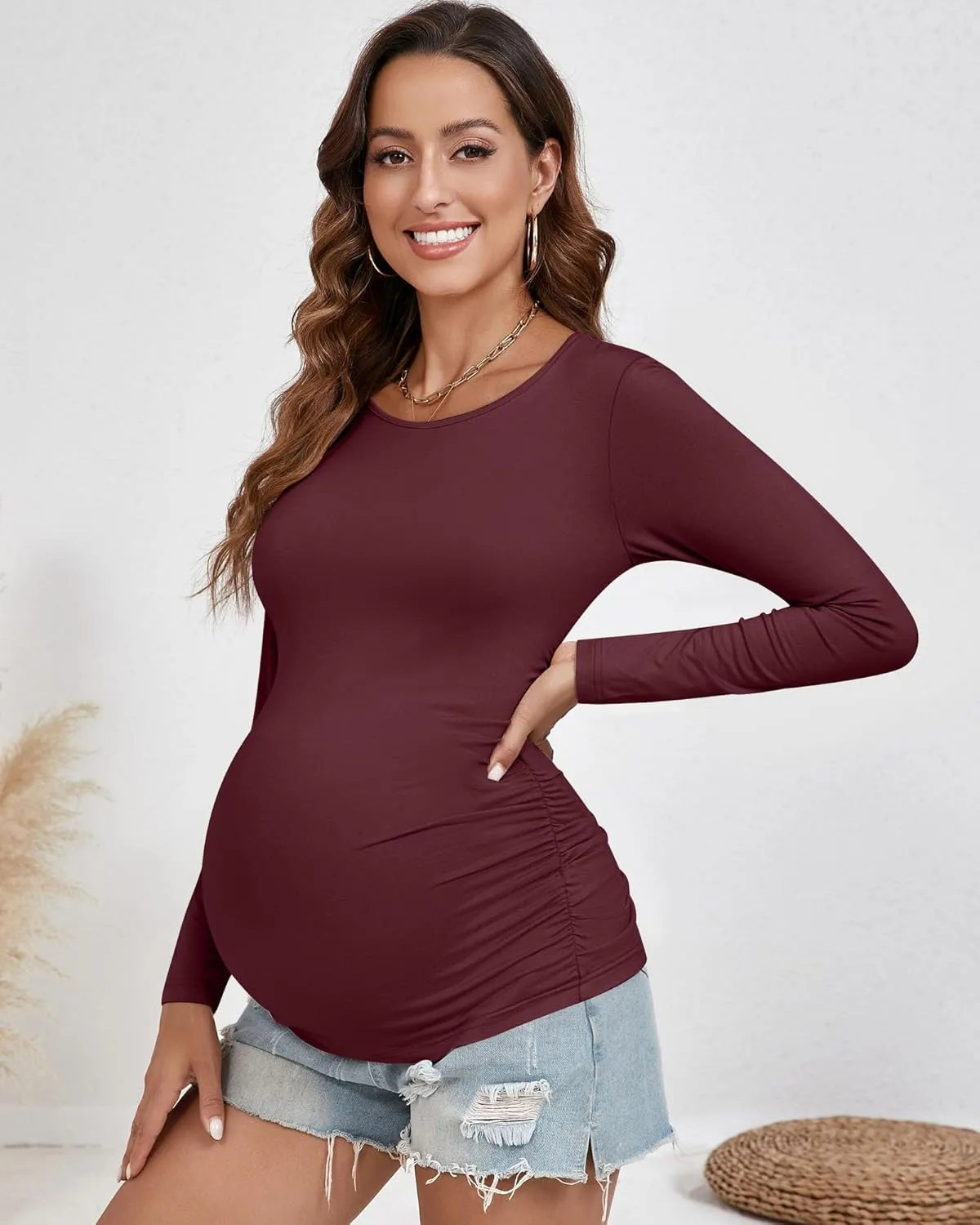 Ficerd 3 Pack Women's Maternity Shirts, Side Ruched Pregnancy Tee Tops Long Sleeve Basic Tunic Tshirt Casual Mama Clothes