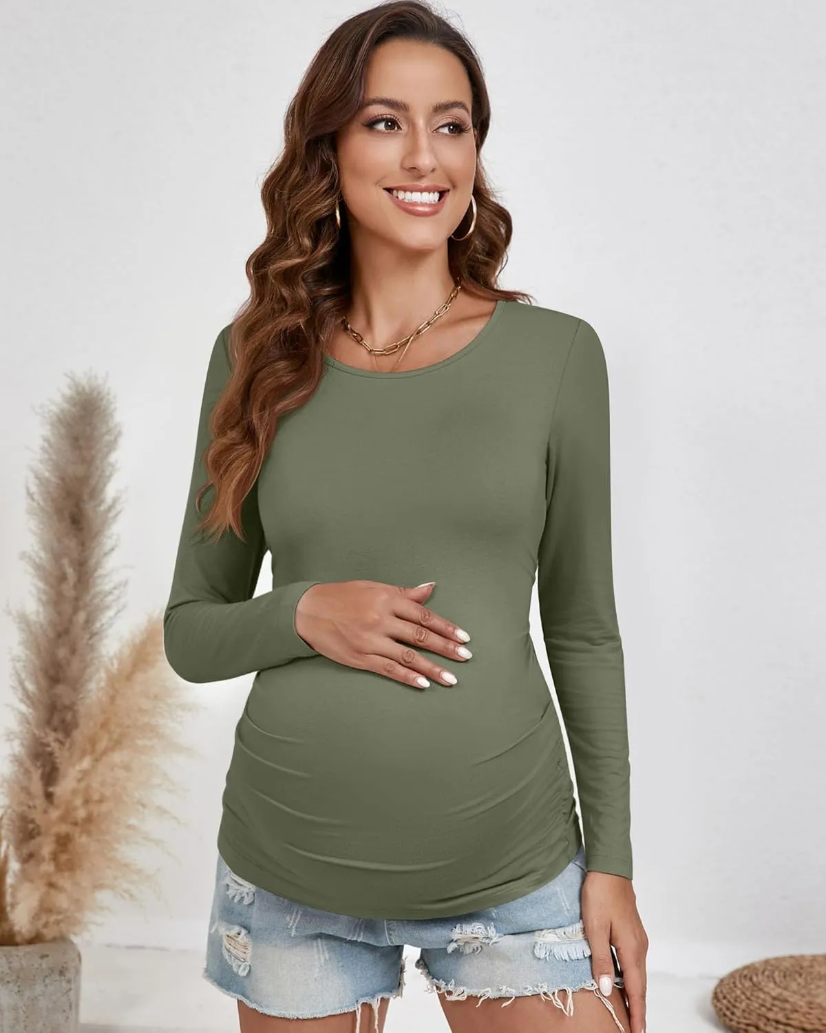 Ficerd 3 Pack Women's Maternity Shirts, Side Ruched Pregnancy Tee Tops Long Sleeve Basic Tunic Tshirt Casual Mama Clothes