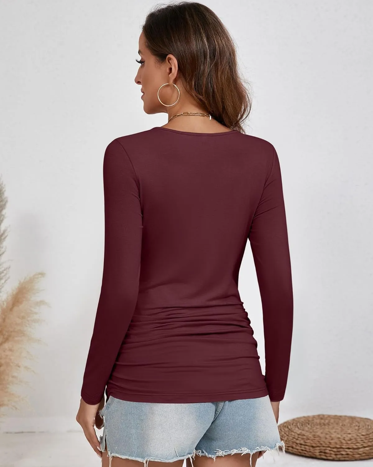 Ficerd 3 Pack Women's Maternity Shirts, Side Ruched Pregnancy Tee Tops Long Sleeve Basic Tunic Tshirt Casual Mama Clothes