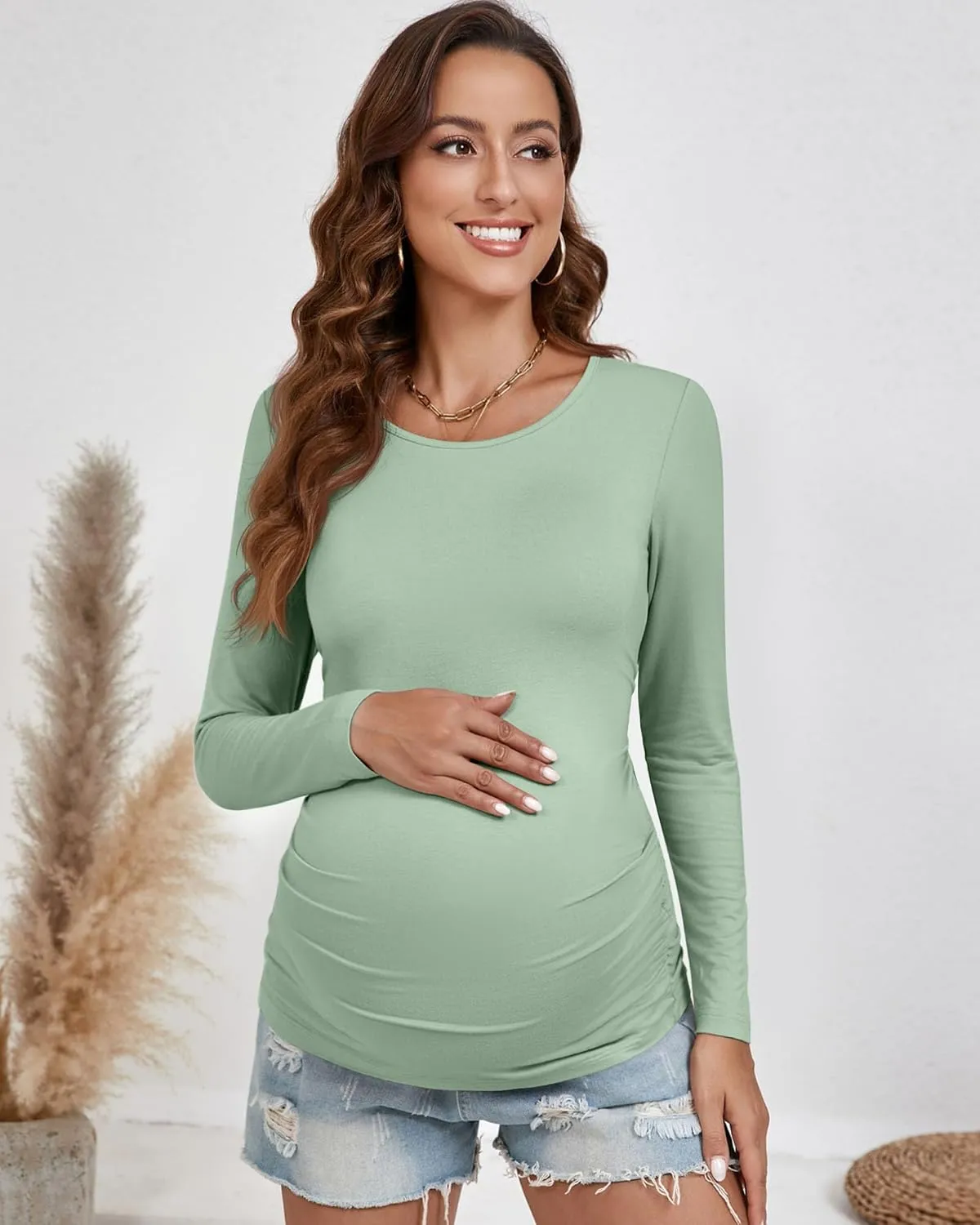 Ficerd 3 Pack Women's Maternity Shirts, Side Ruched Pregnancy Tee Tops Long Sleeve Basic Tunic Tshirt Casual Mama Clothes