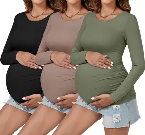 Ficerd 3 Pack Women's Maternity Shirts, Side Ruched Pregnancy Tee Tops Long Sleeve Basic Tunic Tshirt Casual Mama Clothes
