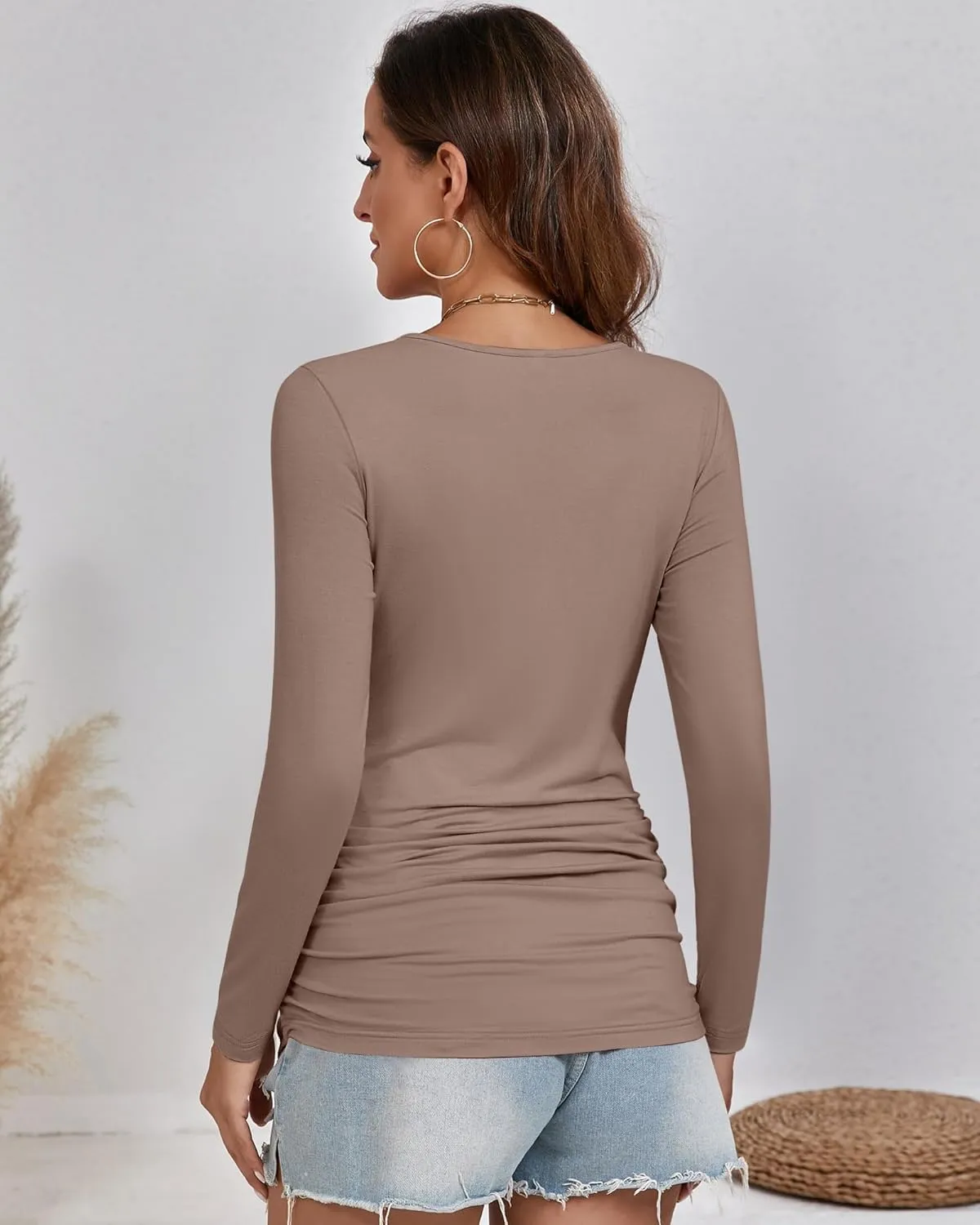 Ficerd 3 Pack Women's Maternity Shirts, Side Ruched Pregnancy Tee Tops Long Sleeve Basic Tunic Tshirt Casual Mama Clothes