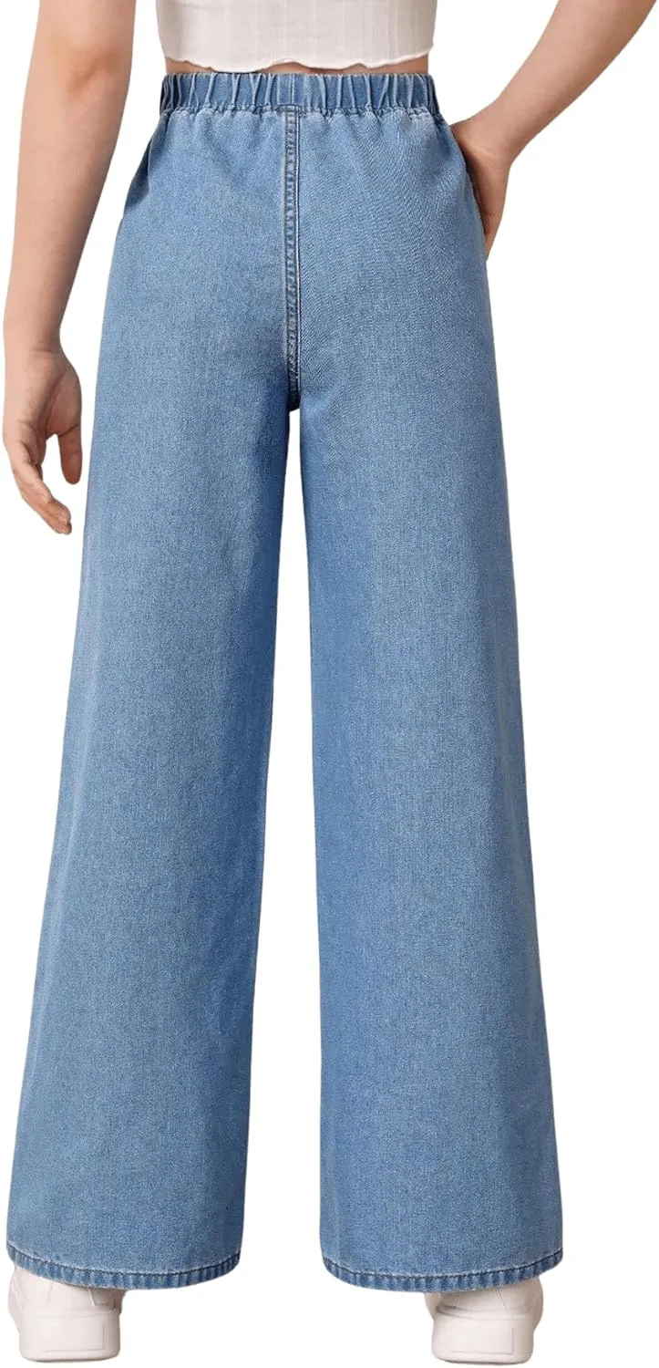 Floerns Girls Elastic Waist Wide Leg Jeans Loose Fit Baggy Denim Pants