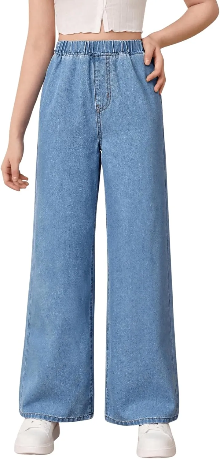 Floerns Girls Elastic Waist Wide Leg Jeans Loose Fit Baggy Denim Pants