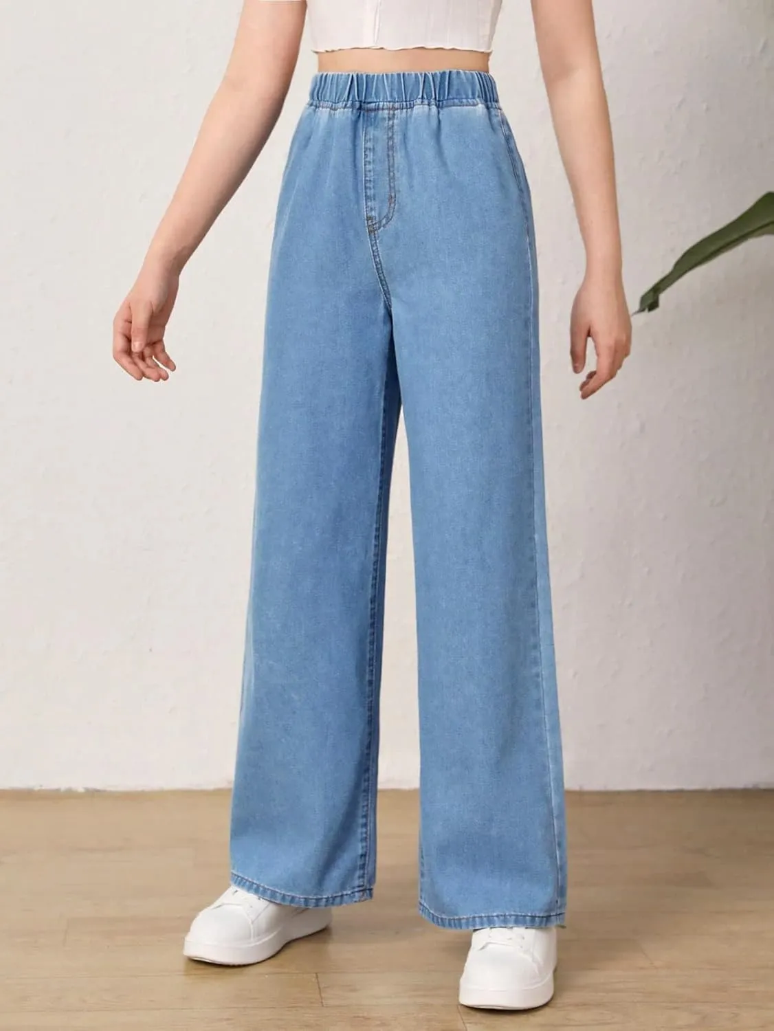 Floerns Girls Elastic Waist Wide Leg Jeans Loose Fit Baggy Denim Pants