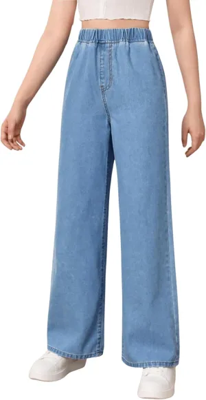 Floerns Girls Elastic Waist Wide Leg Jeans Loose Fit Baggy Denim Pants