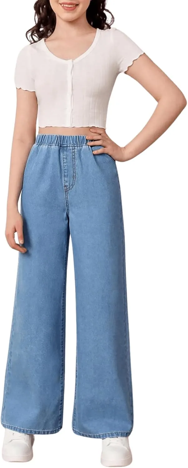 Floerns Girls Elastic Waist Wide Leg Jeans Loose Fit Baggy Denim Pants