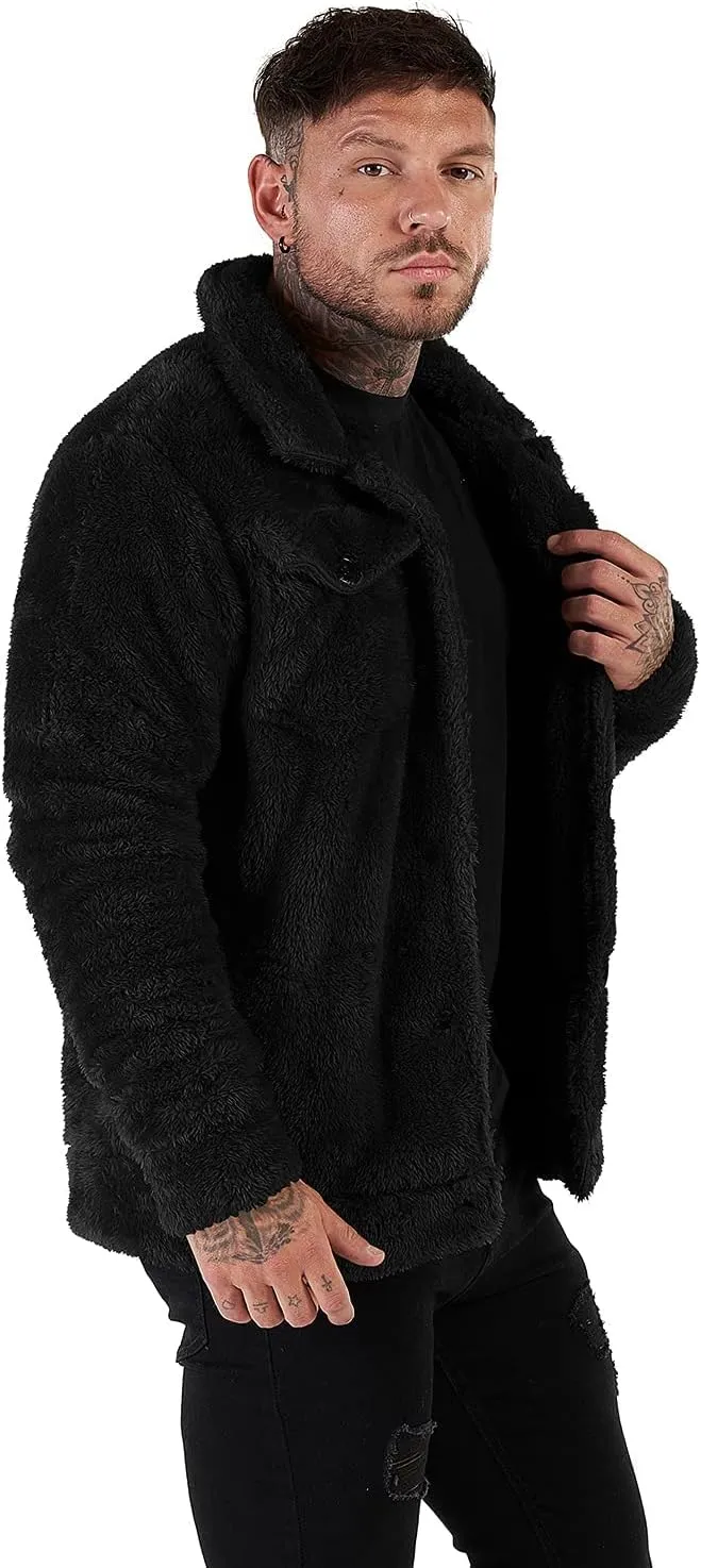 GINGTTO Mens Furry Button-Up Jacket 4 Pockets Fluffy Coat For Men