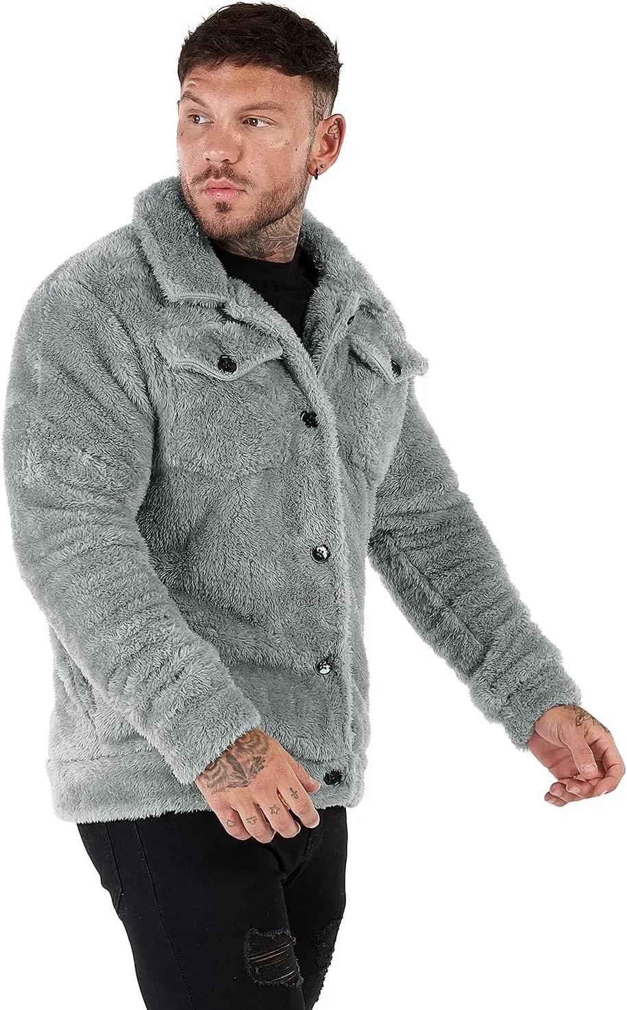 GINGTTO Mens Furry Button-Up Jacket 4 Pockets Fluffy Coat For Men