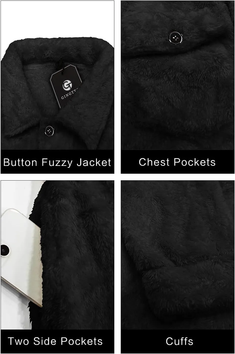 GINGTTO Mens Furry Button-Up Jacket 4 Pockets Fluffy Coat For Men
