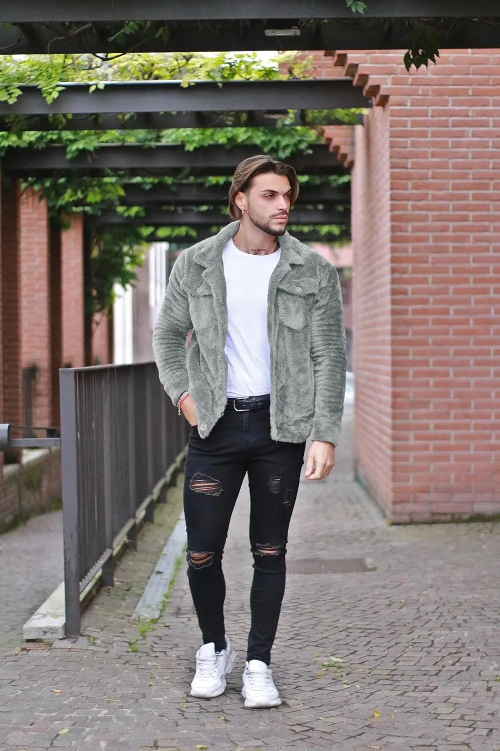GINGTTO Mens Furry Button-Up Jacket 4 Pockets Fluffy Coat For Men