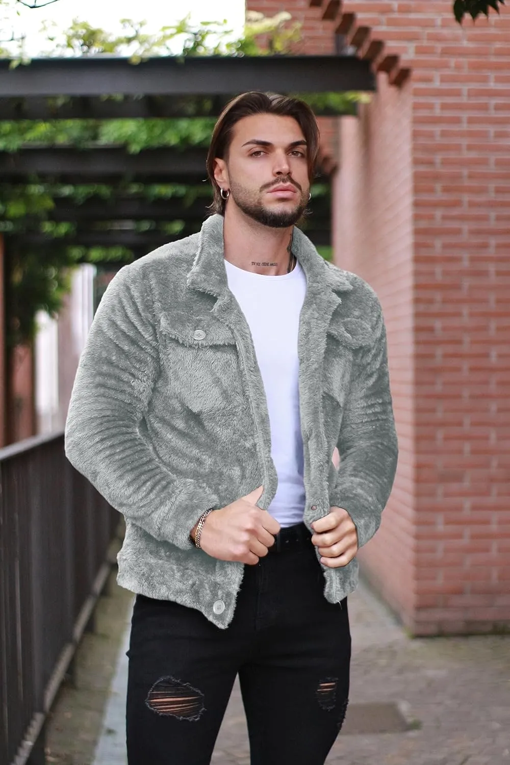 GINGTTO Mens Furry Button-Up Jacket 4 Pockets Fluffy Coat For Men
