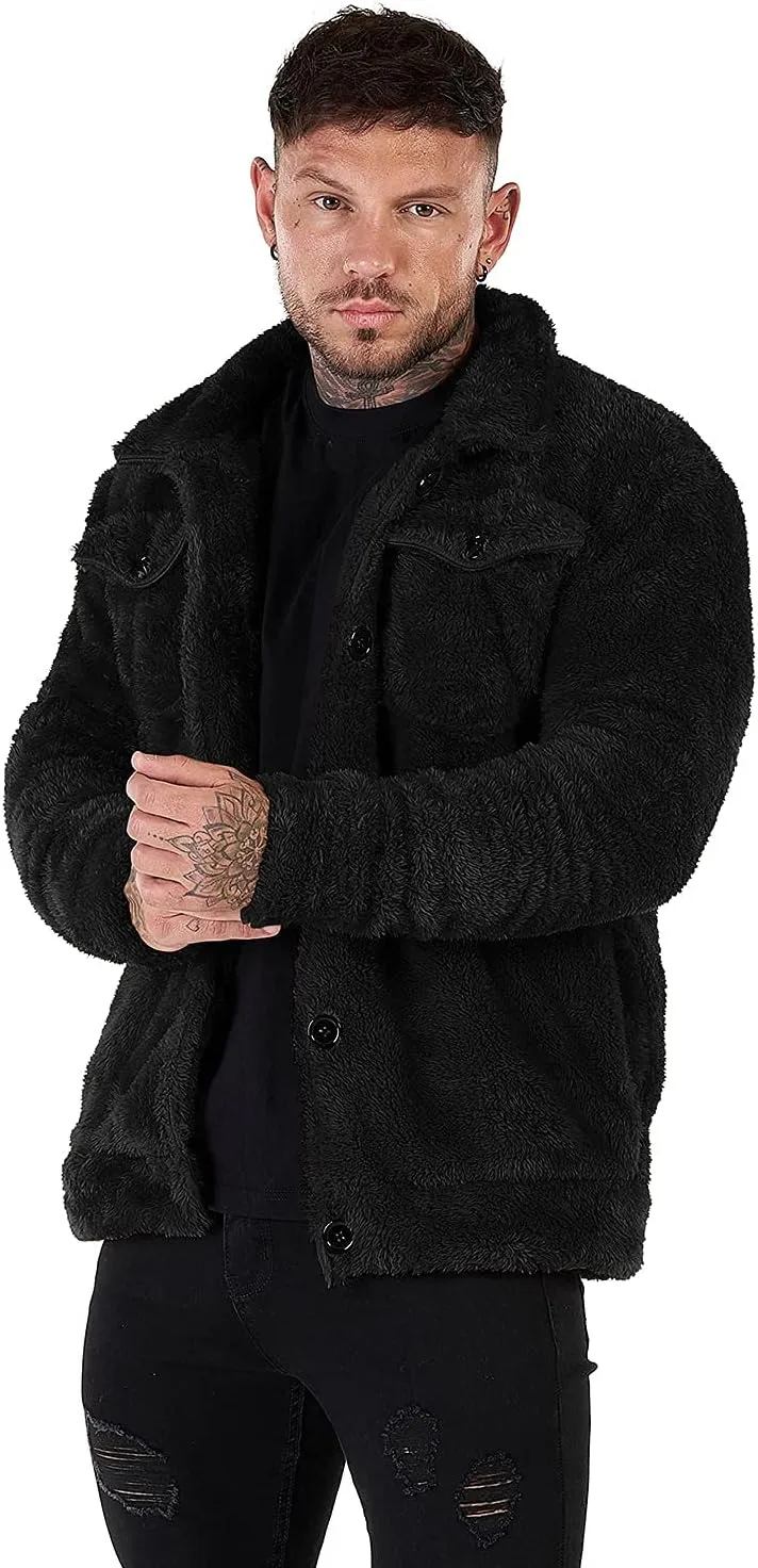 GINGTTO Mens Furry Button-Up Jacket 4 Pockets Fluffy Coat For Men