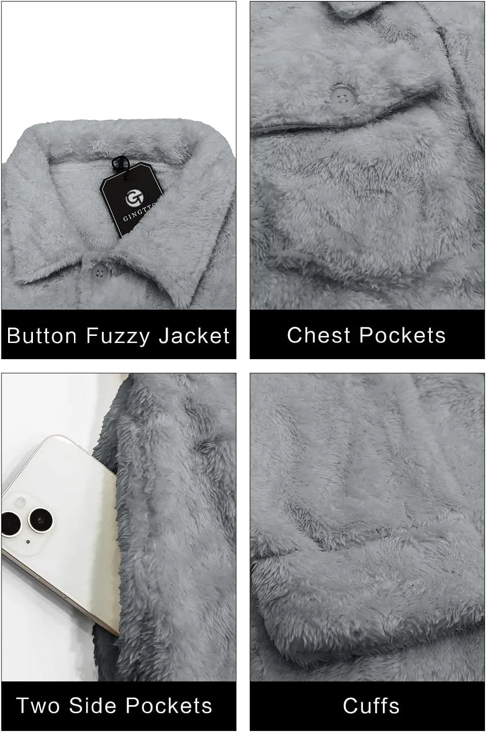 GINGTTO Mens Furry Button-Up Jacket 4 Pockets Fluffy Coat For Men