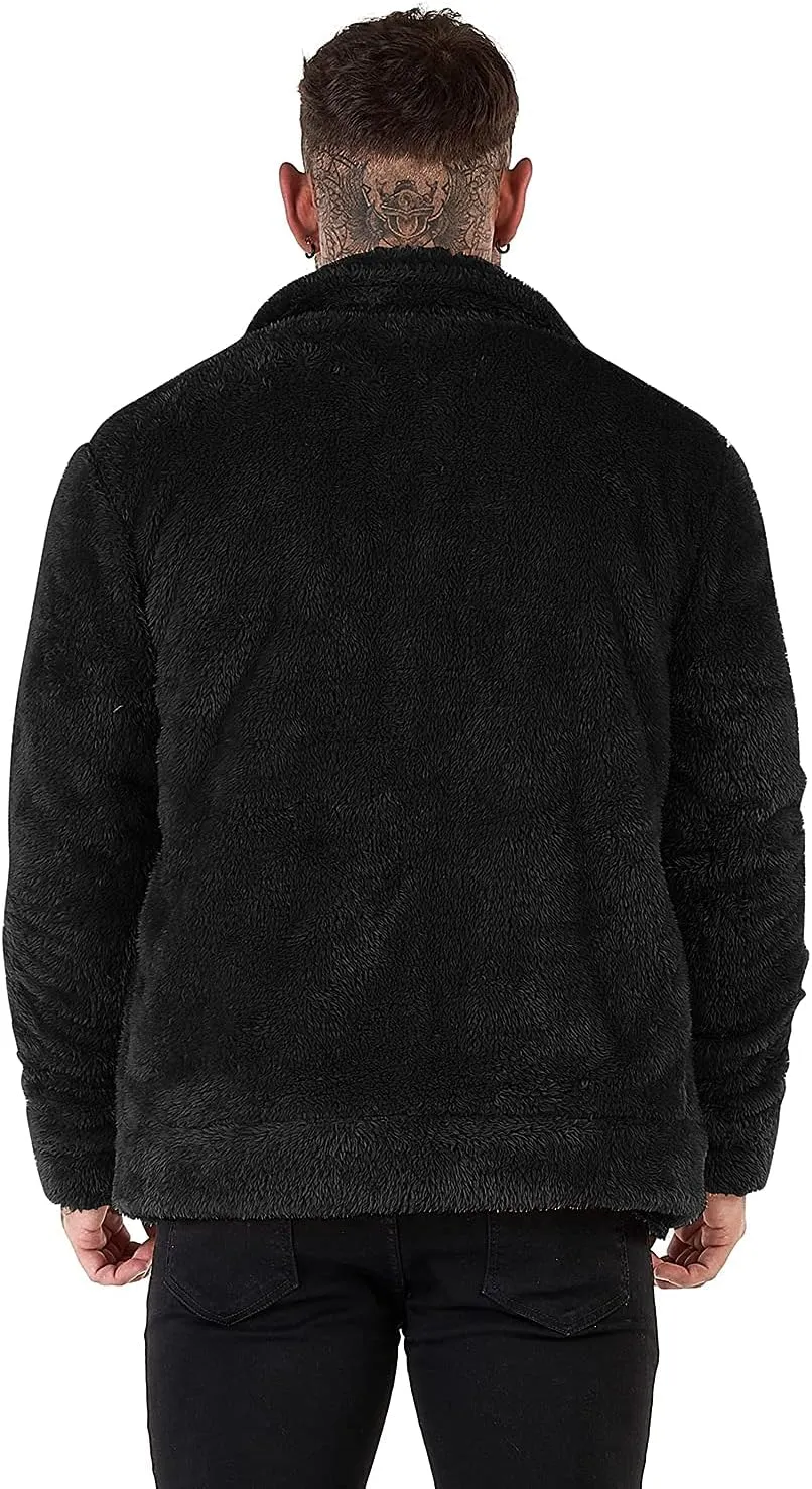 GINGTTO Mens Furry Button-Up Jacket 4 Pockets Fluffy Coat For Men