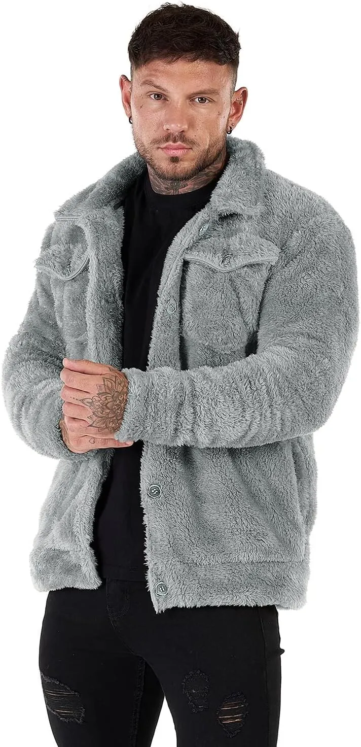 GINGTTO Mens Furry Button-Up Jacket 4 Pockets Fluffy Coat For Men
