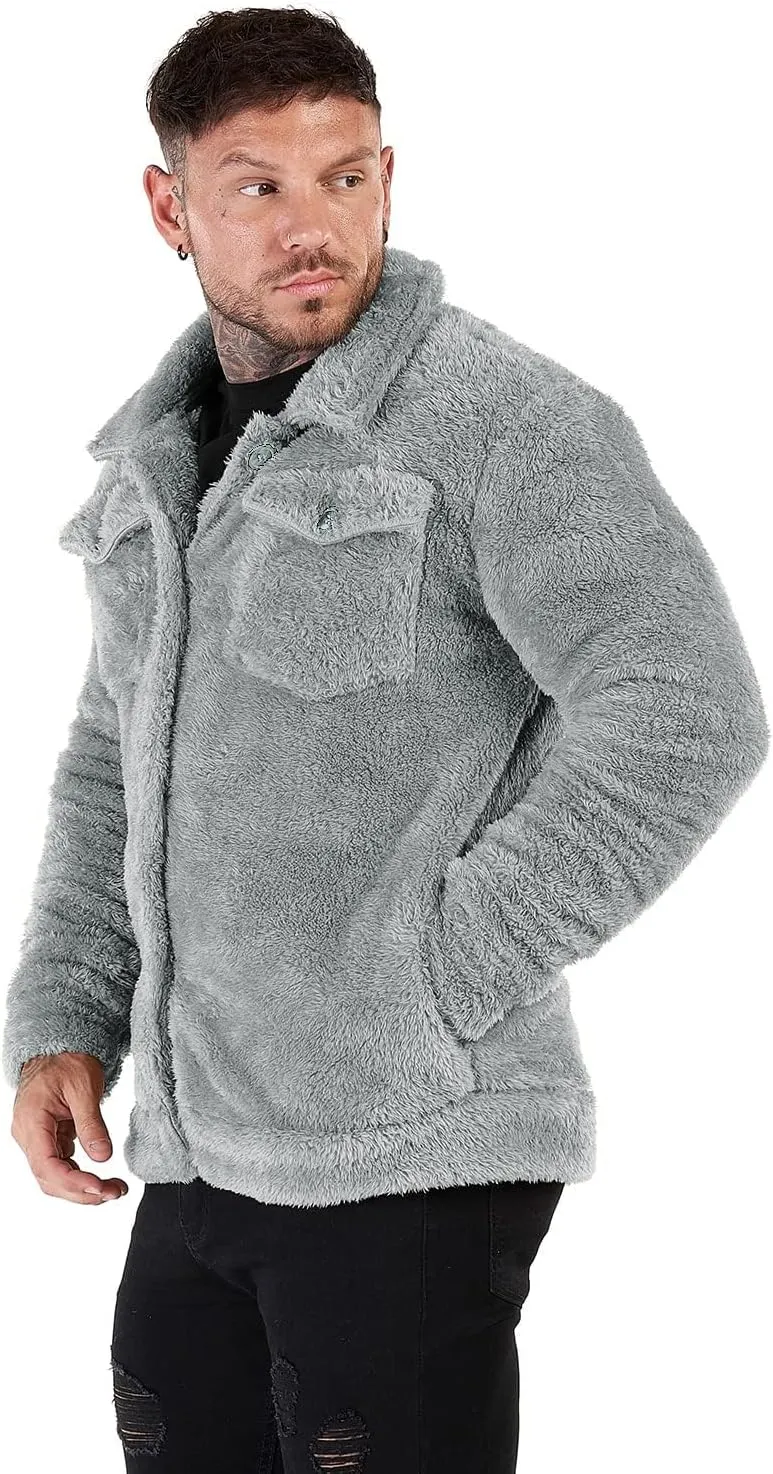 GINGTTO Mens Furry Button-Up Jacket 4 Pockets Fluffy Coat For Men