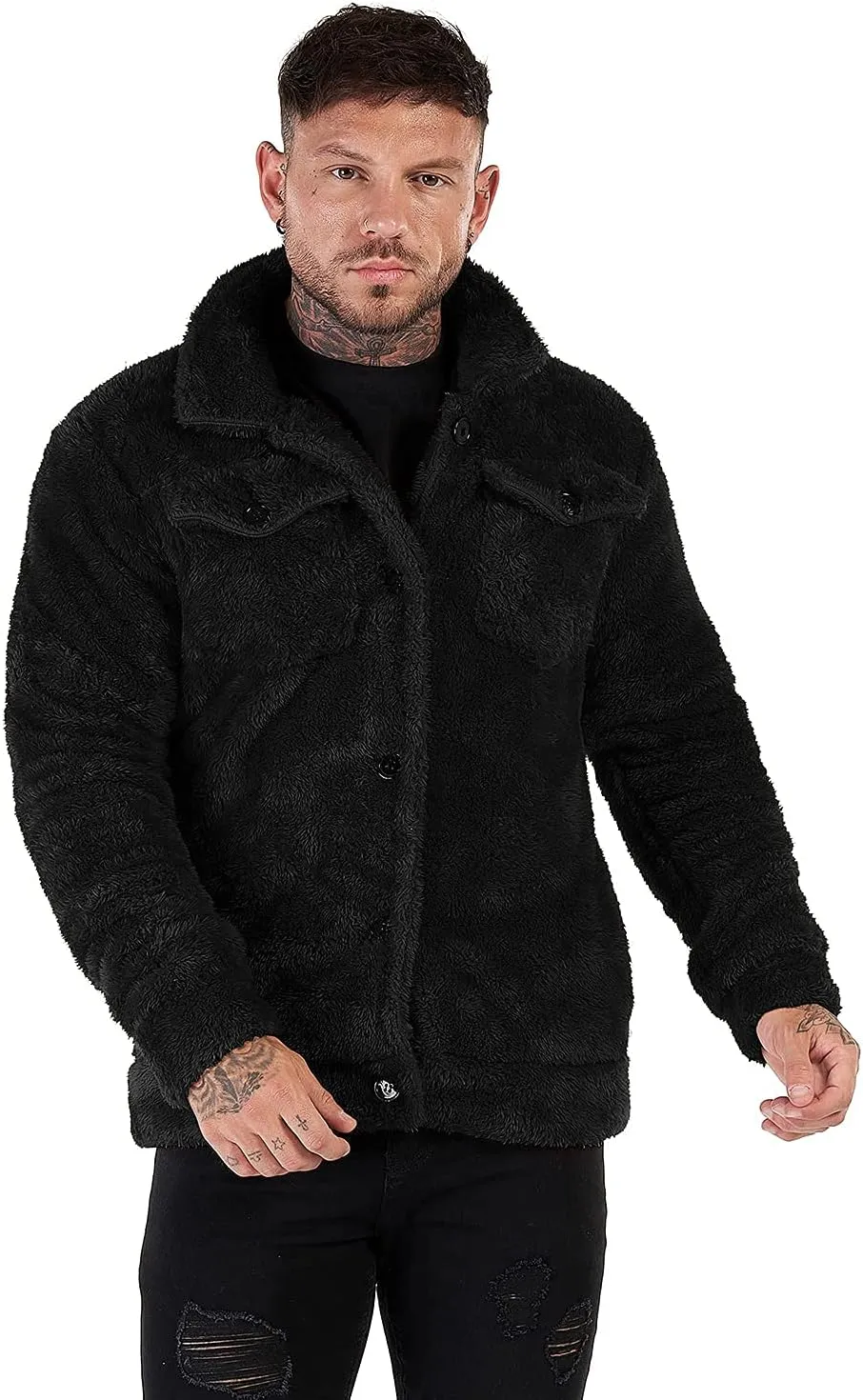 GINGTTO Mens Furry Button-Up Jacket 4 Pockets Fluffy Coat For Men